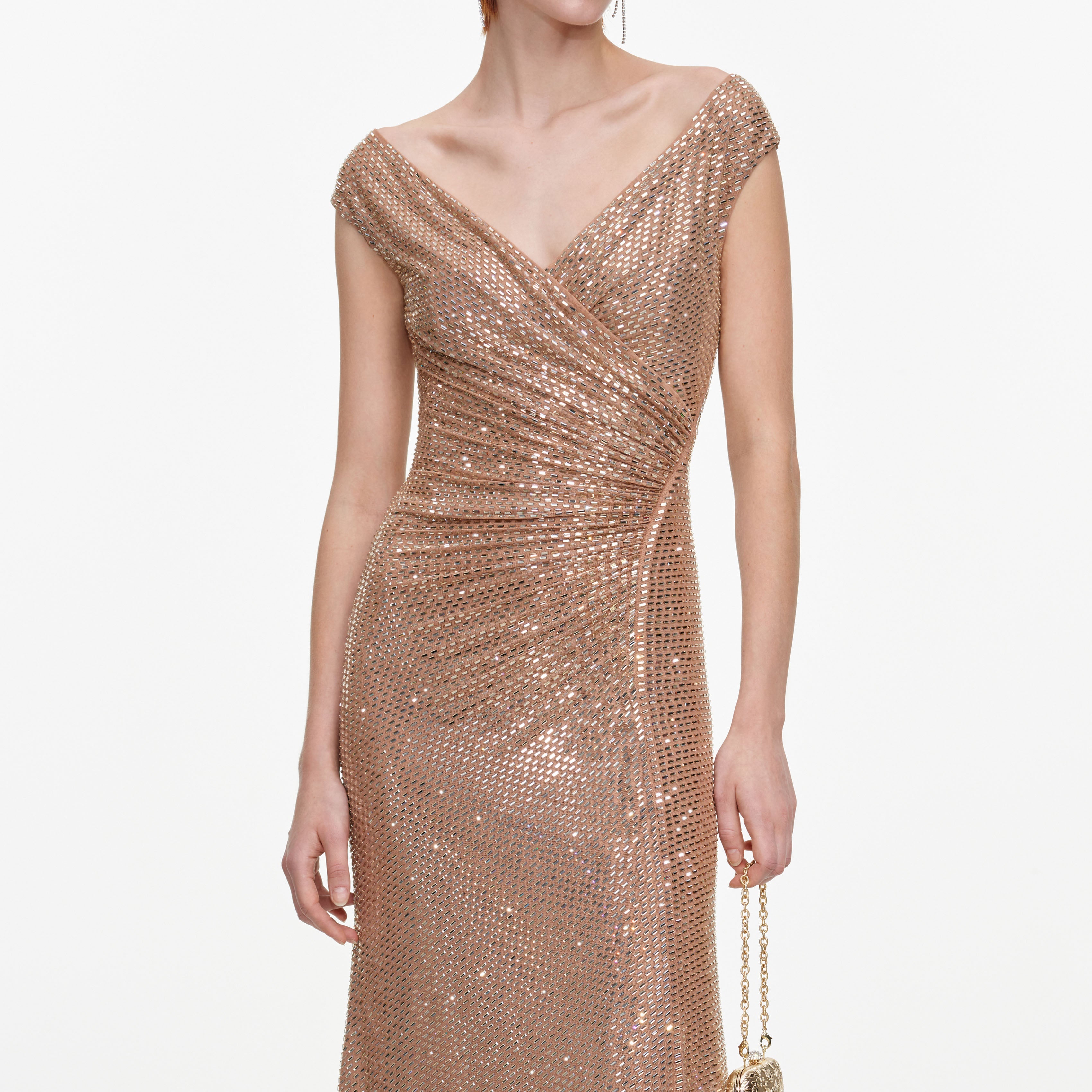 Self Portrait Gold Rhinestone Off-Shoulder Midikleid gold