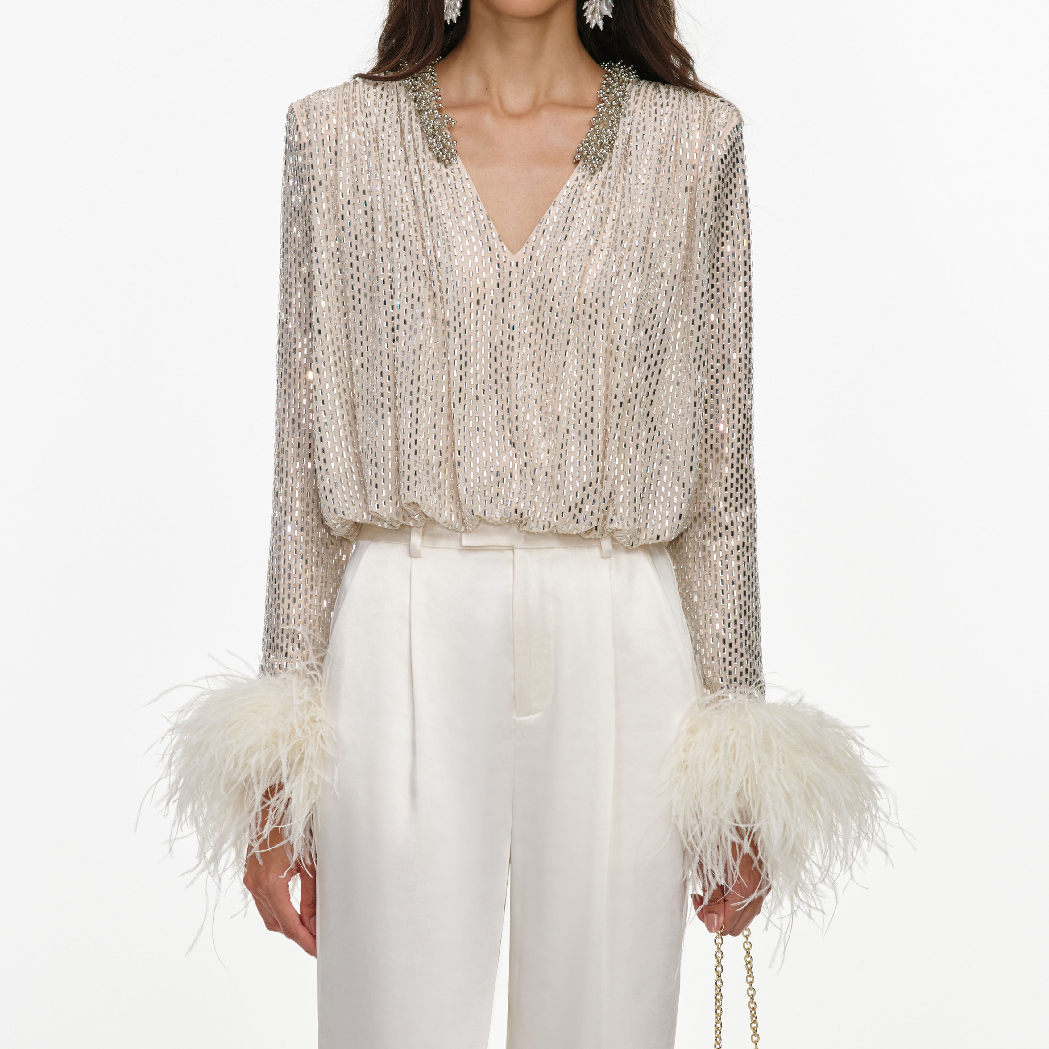 Self Portrait Champagne Feather Top champagner