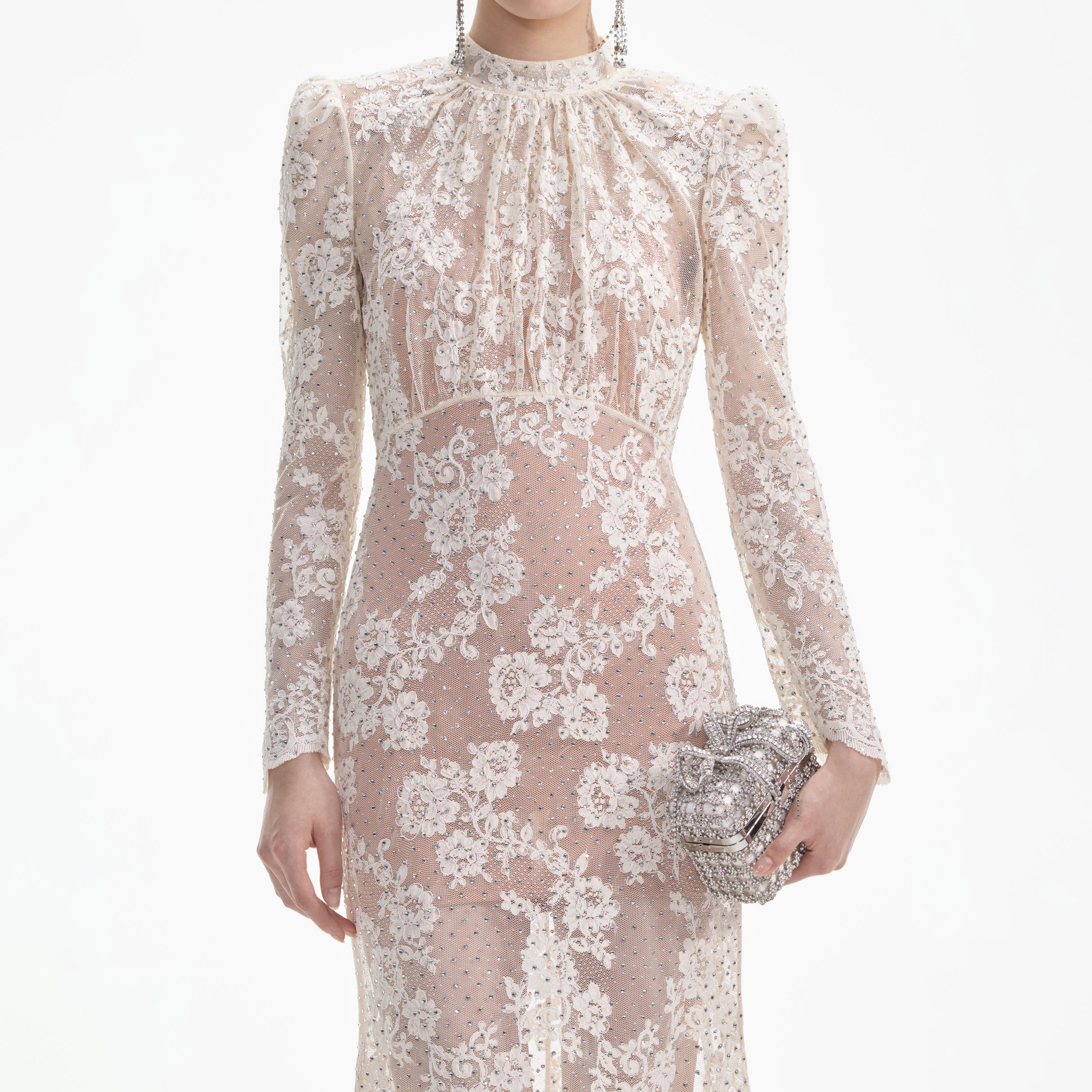 Self Portrait White Rhinestone Lace Maxi Kleid Weiß Strass