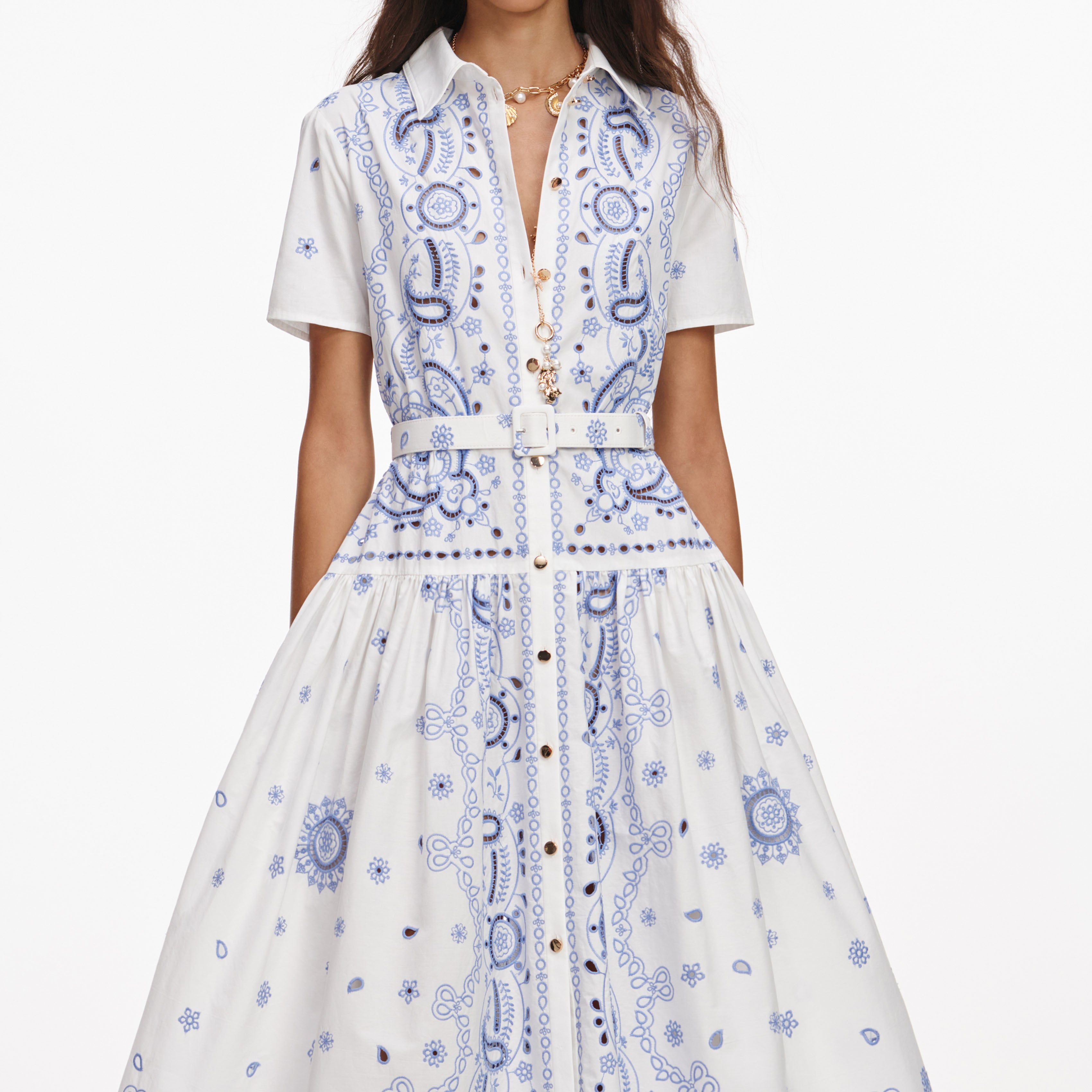 Self Portrait White Blue Embroidered Midi Kleid Weiss