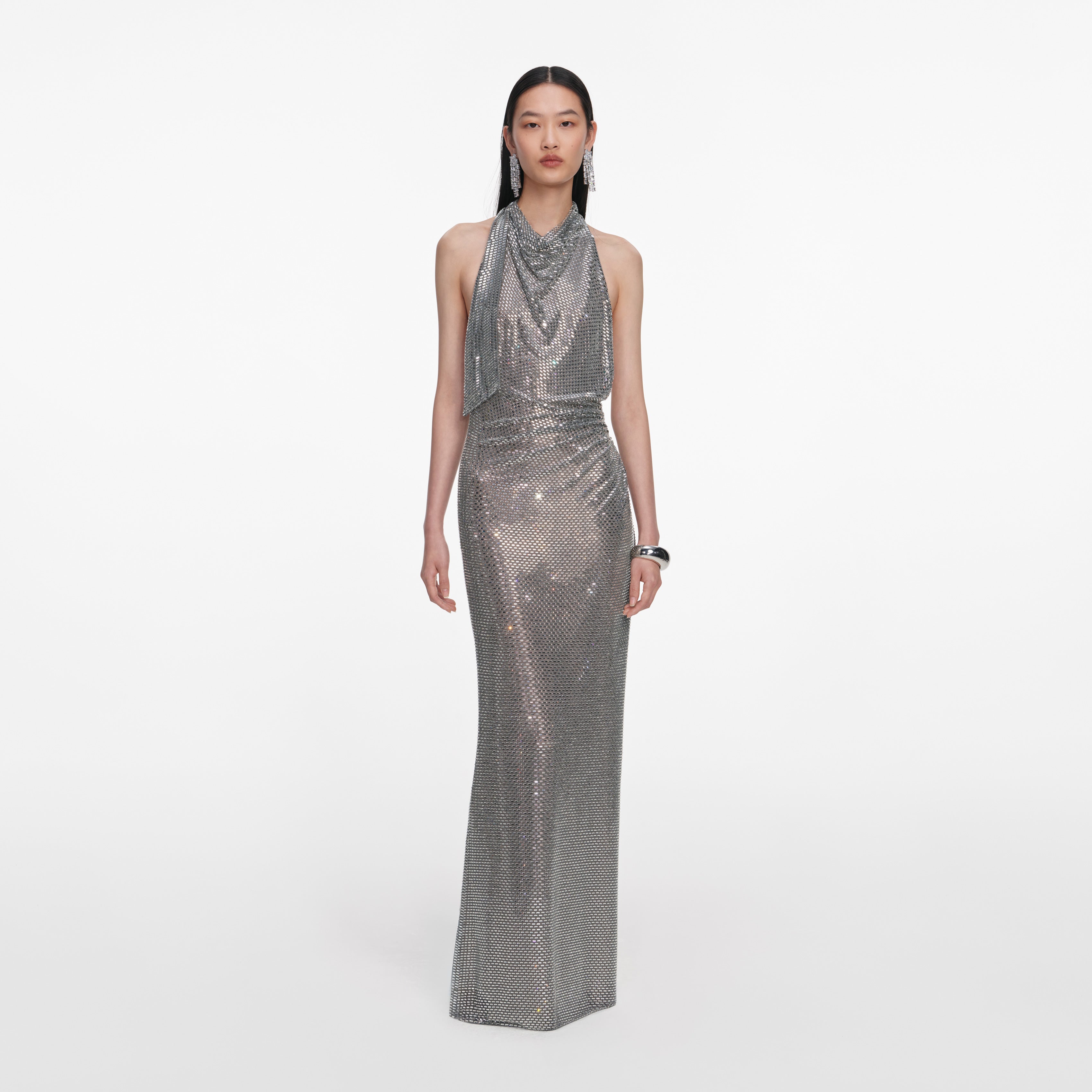 Self Portrait Grey Rhinestone Halter Maxi Kleid Grau Strass