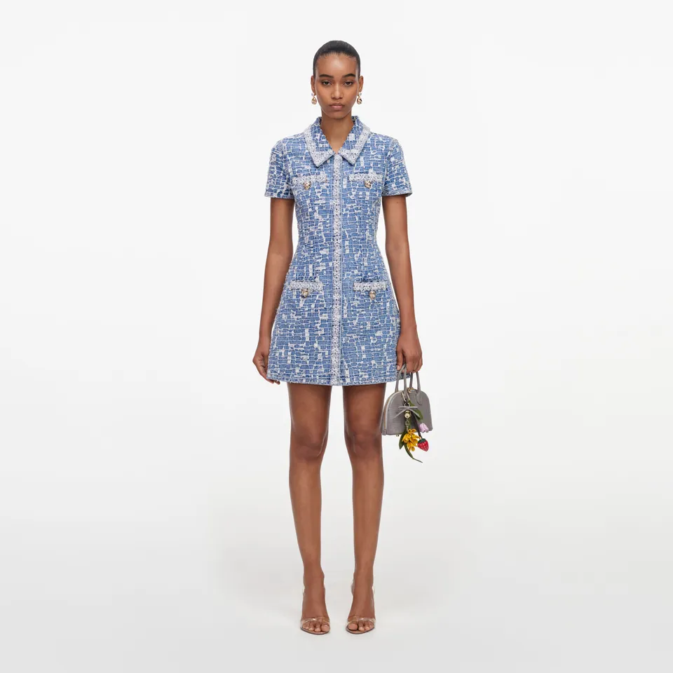 Self Portrait Denim Mini Kleid Blau Kragen Perlen