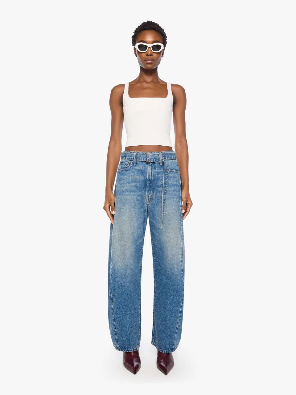 Mother Snacks Belted Spoonful Jeans Mittelblau Wide Leg