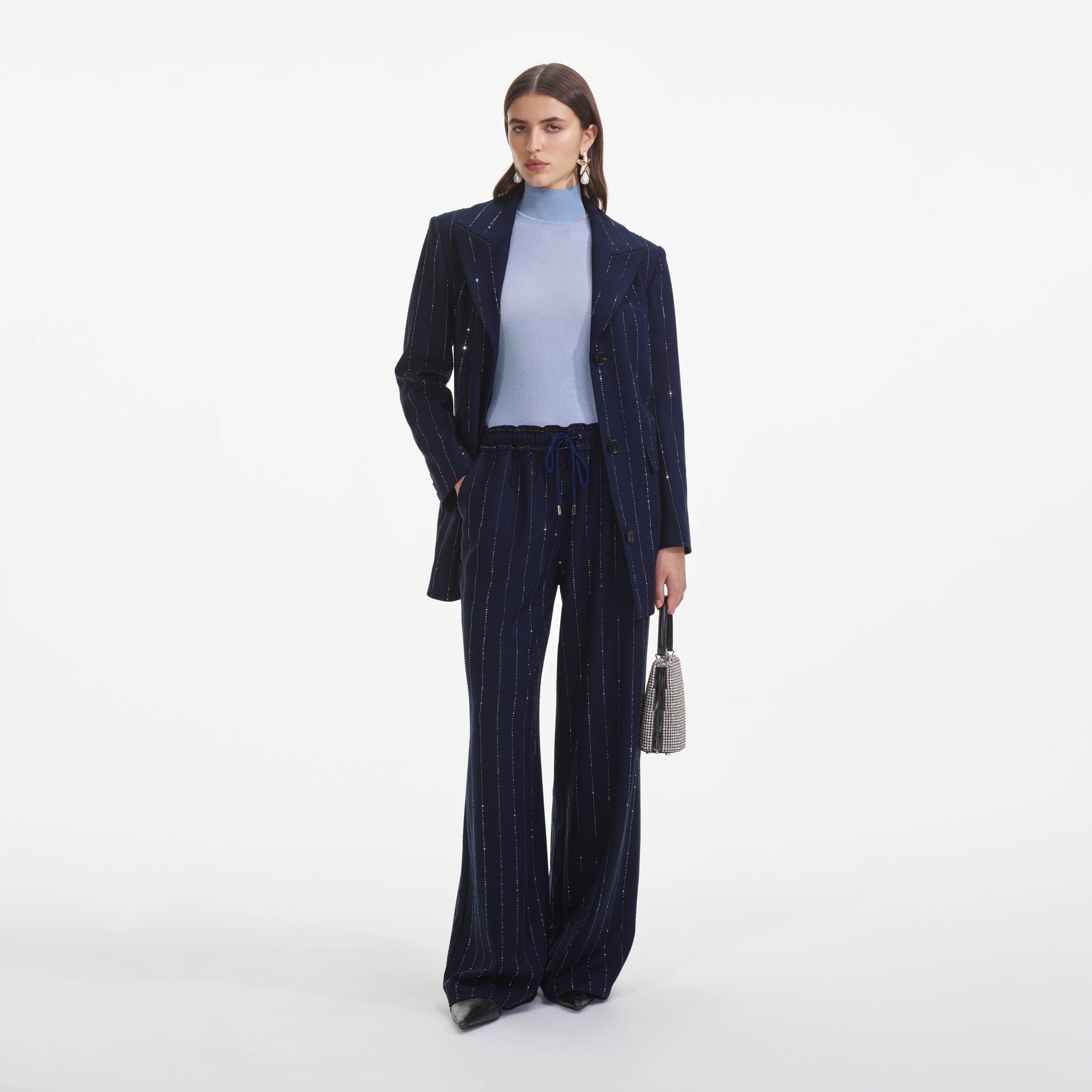 Self Portrait Pinstripe Hose Navy Strass UK 8 Crepe