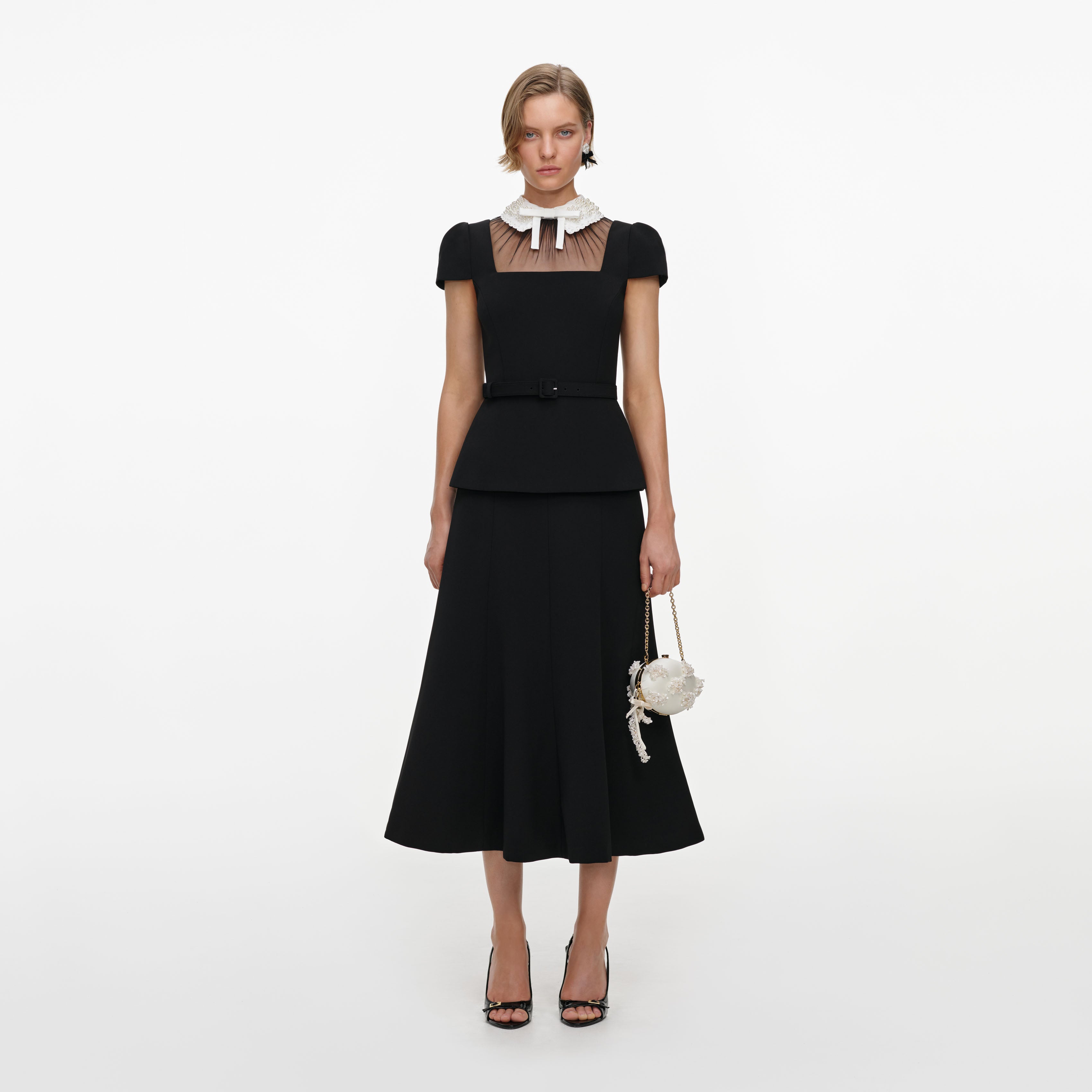 Self Portrait Black Bow Peplum Midikleid Schwarz UK 10