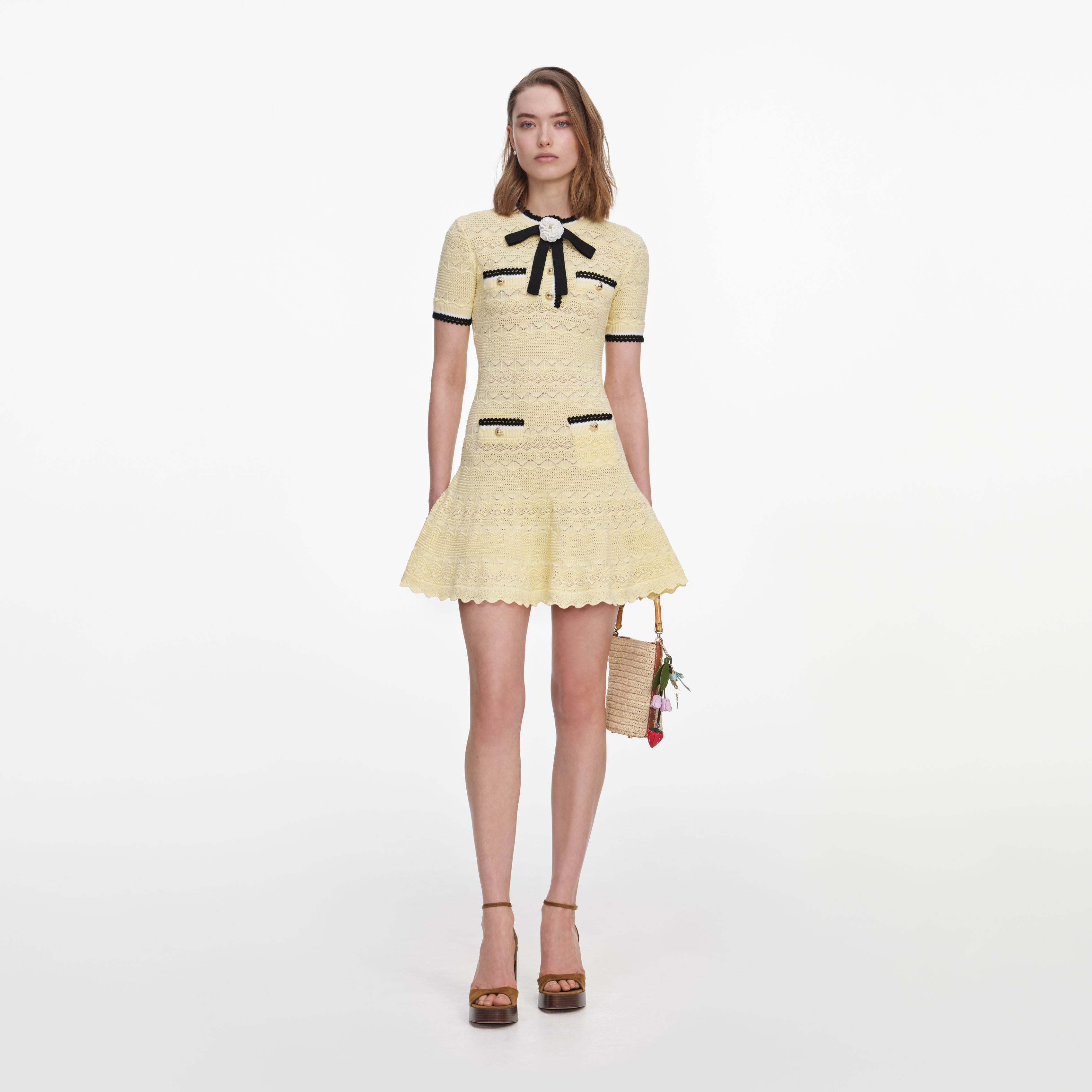 Self Portrait Pointelle Mini Kleid gelb mit Schleife
