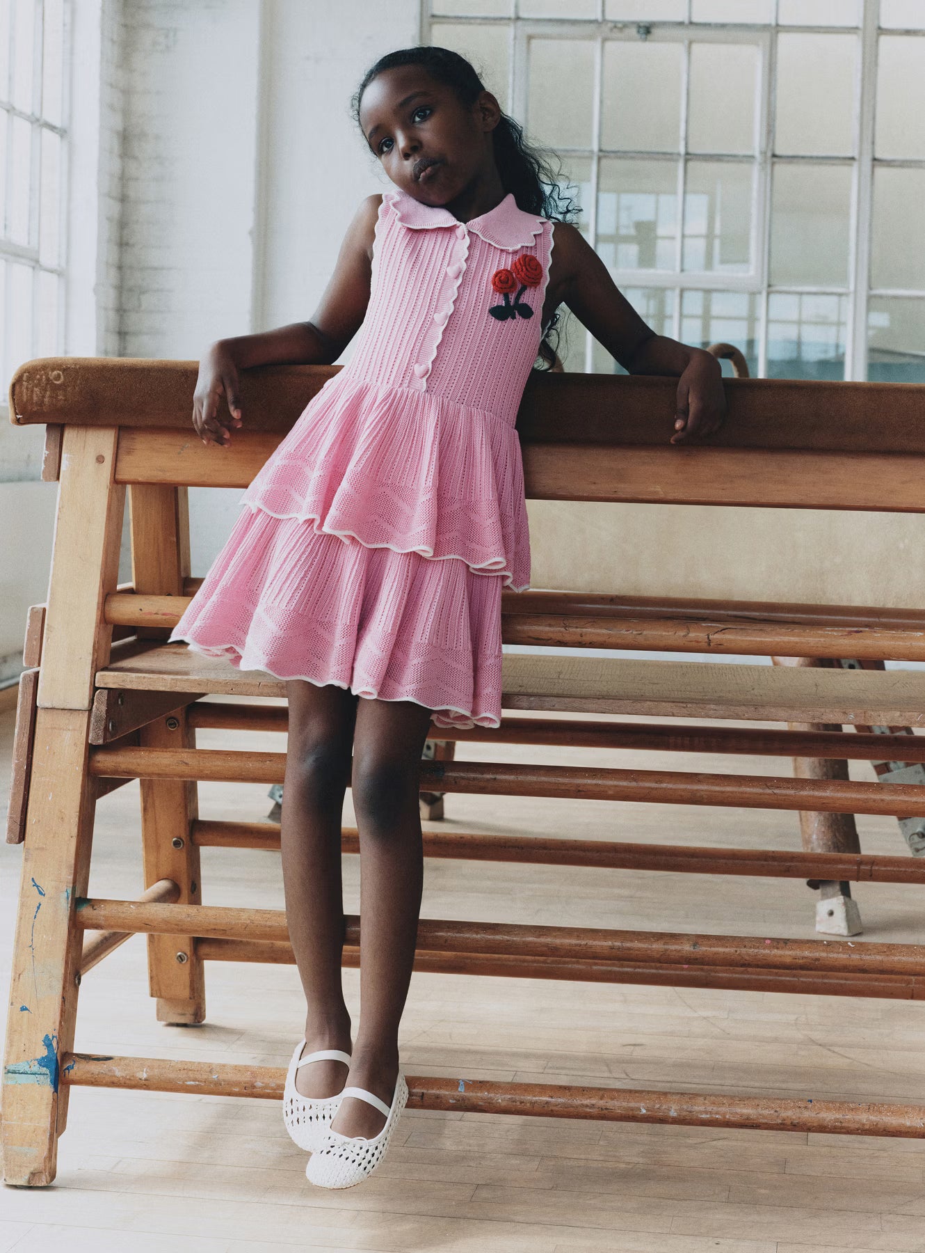Self Portrait Tiered Pointelle Strickkleid Rosa Kinder Stufenrock