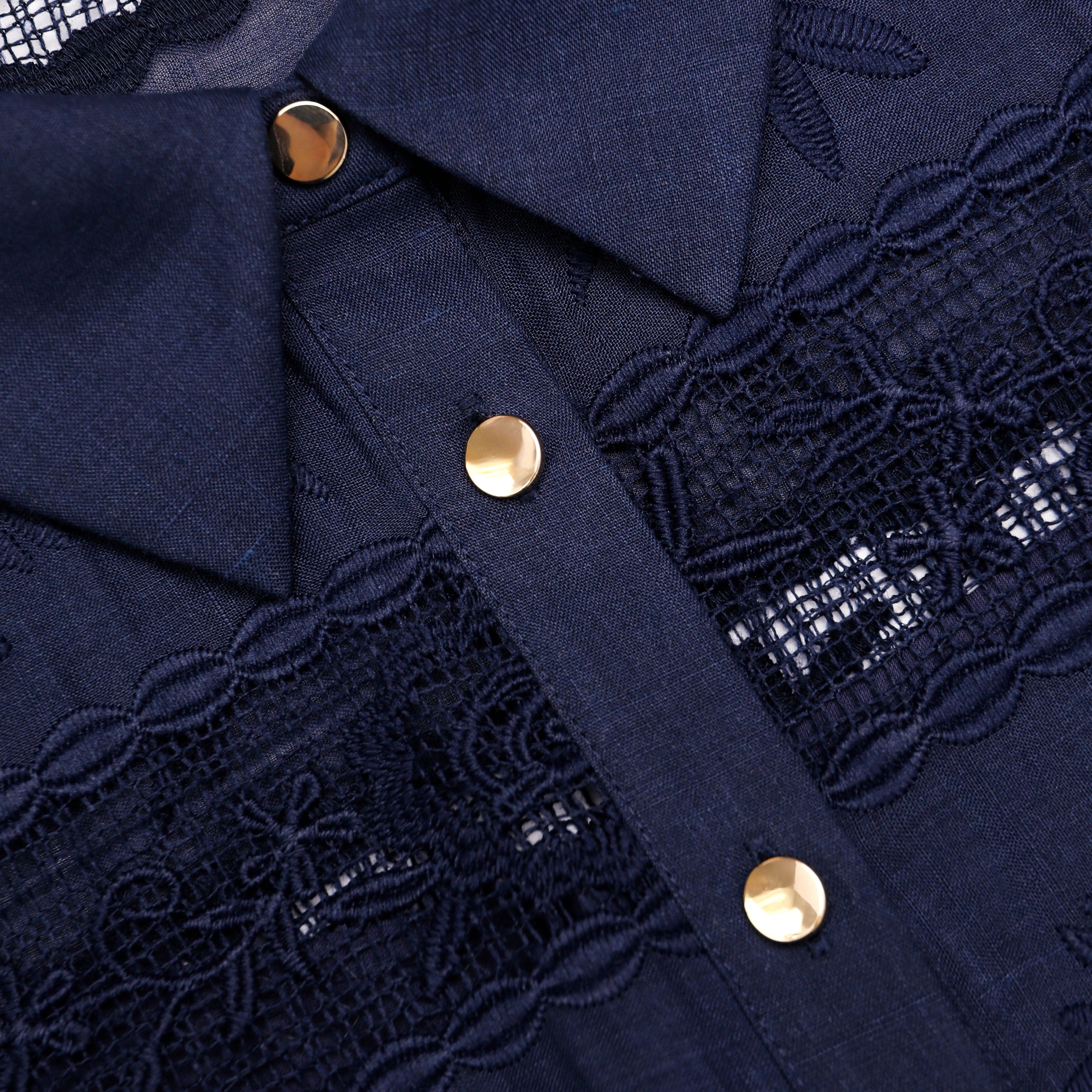 Self Portrait Navy Ramie Hemd-Midikleid Navy Spitze