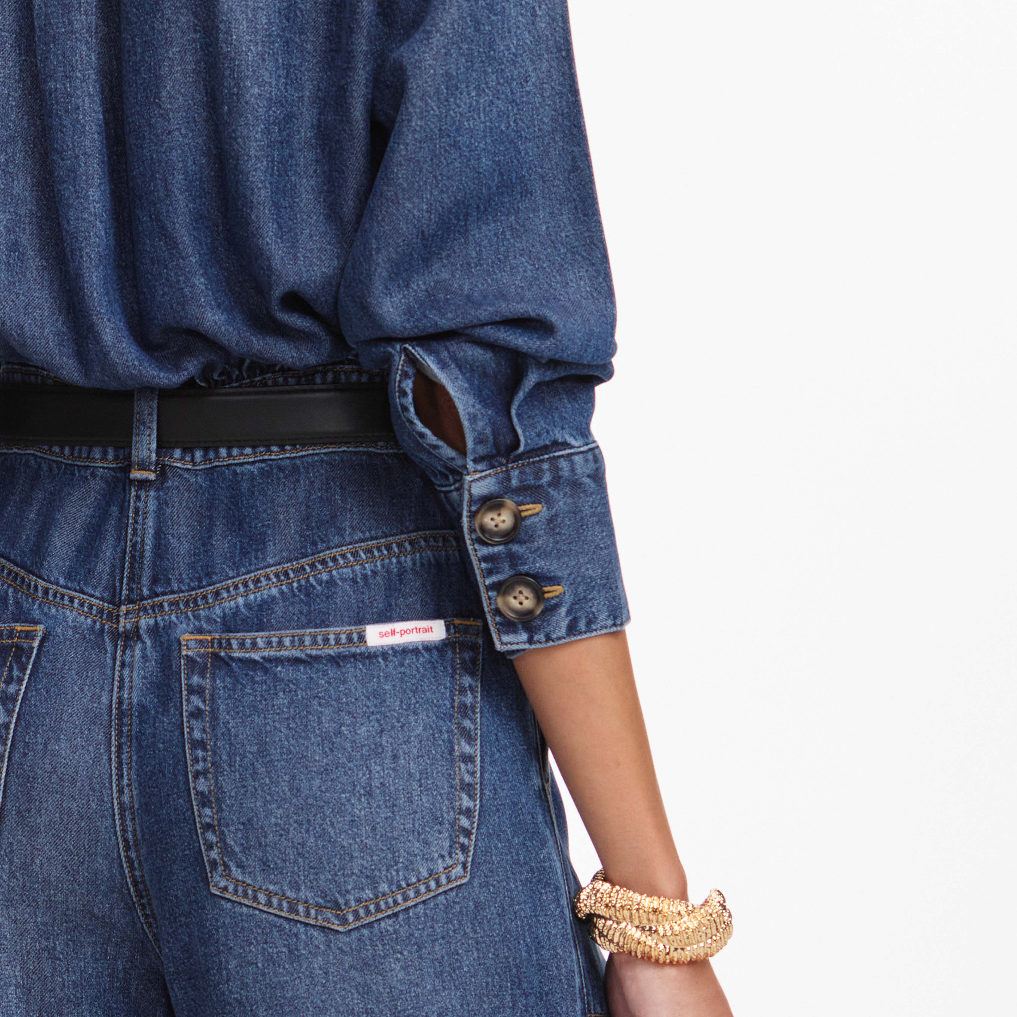 Self-Portrait Denim Relaxed Fit Jumpsuit Denim-Overall Blau