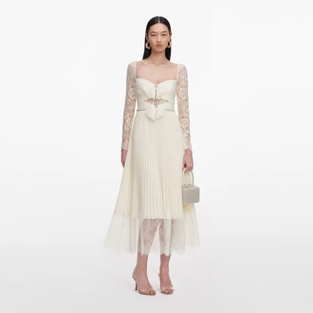 Self Portrait Cream Chiffon Lace Midikleid Creme UK 8 Braut