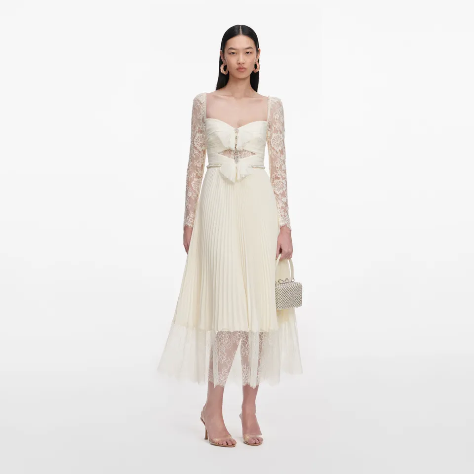 Self Portrait Cream Chiffon Lace Midikleid Creme UK 8 Braut