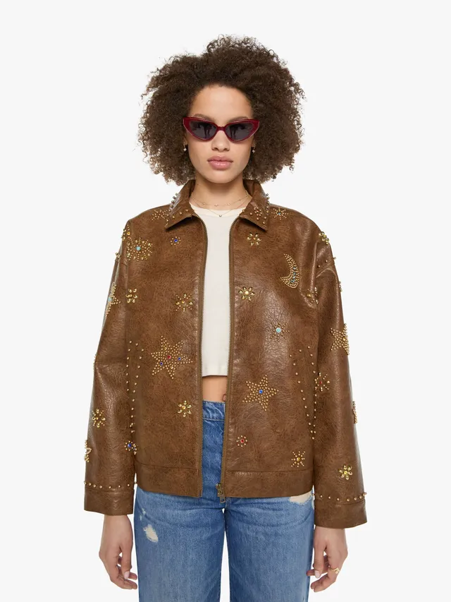 Mother Denim The Zip It Jacke Brown and Cream Kunstleder Boxy