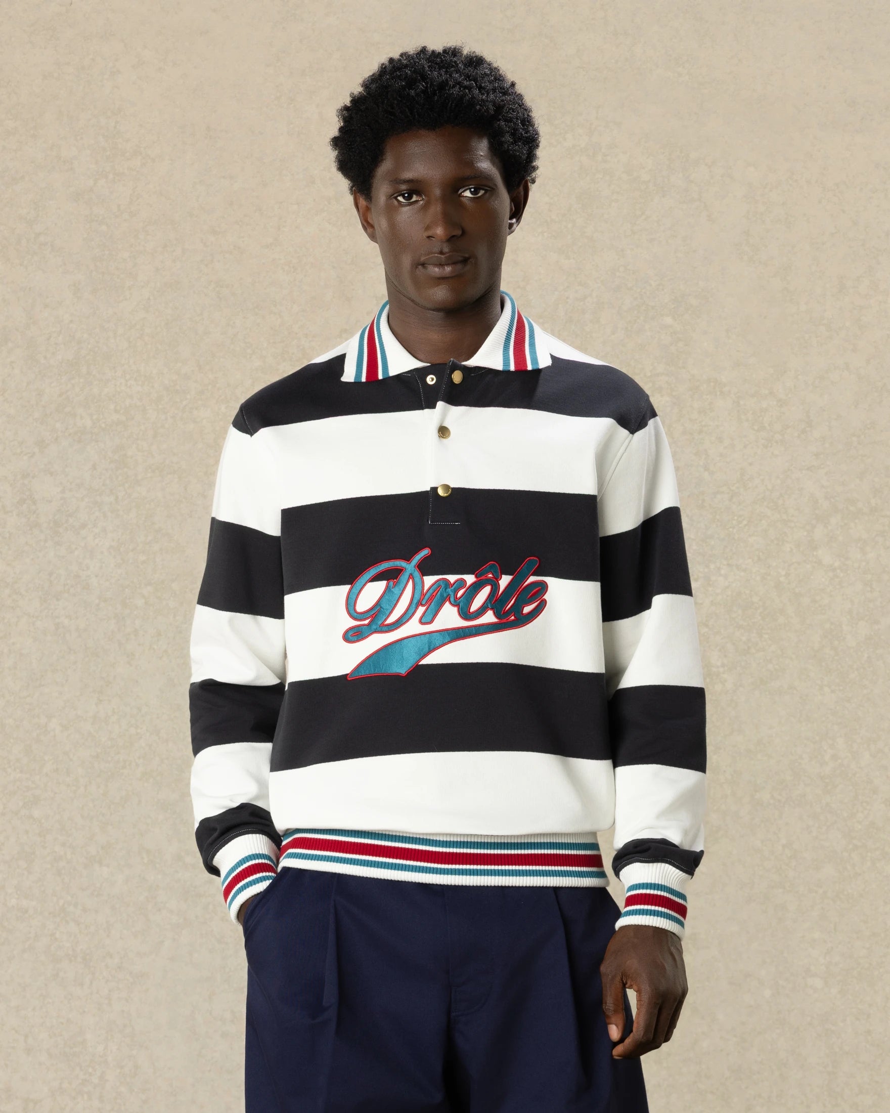 Drôle De Monsieur Stripes Polo Langarm Off White Baumwolle