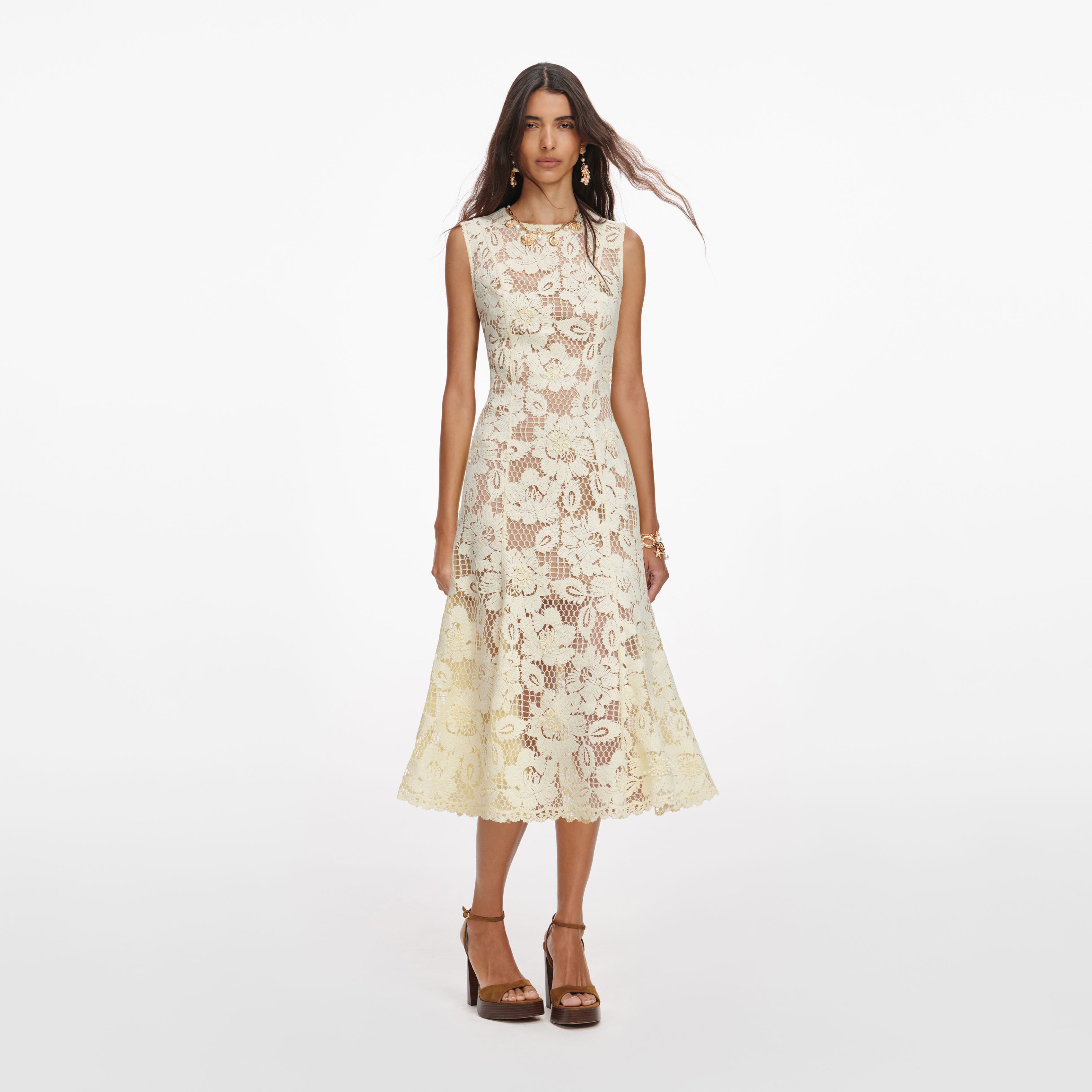 Self Portrait Yellow Crochet Lace Midi Dress Midikleid Gelb
