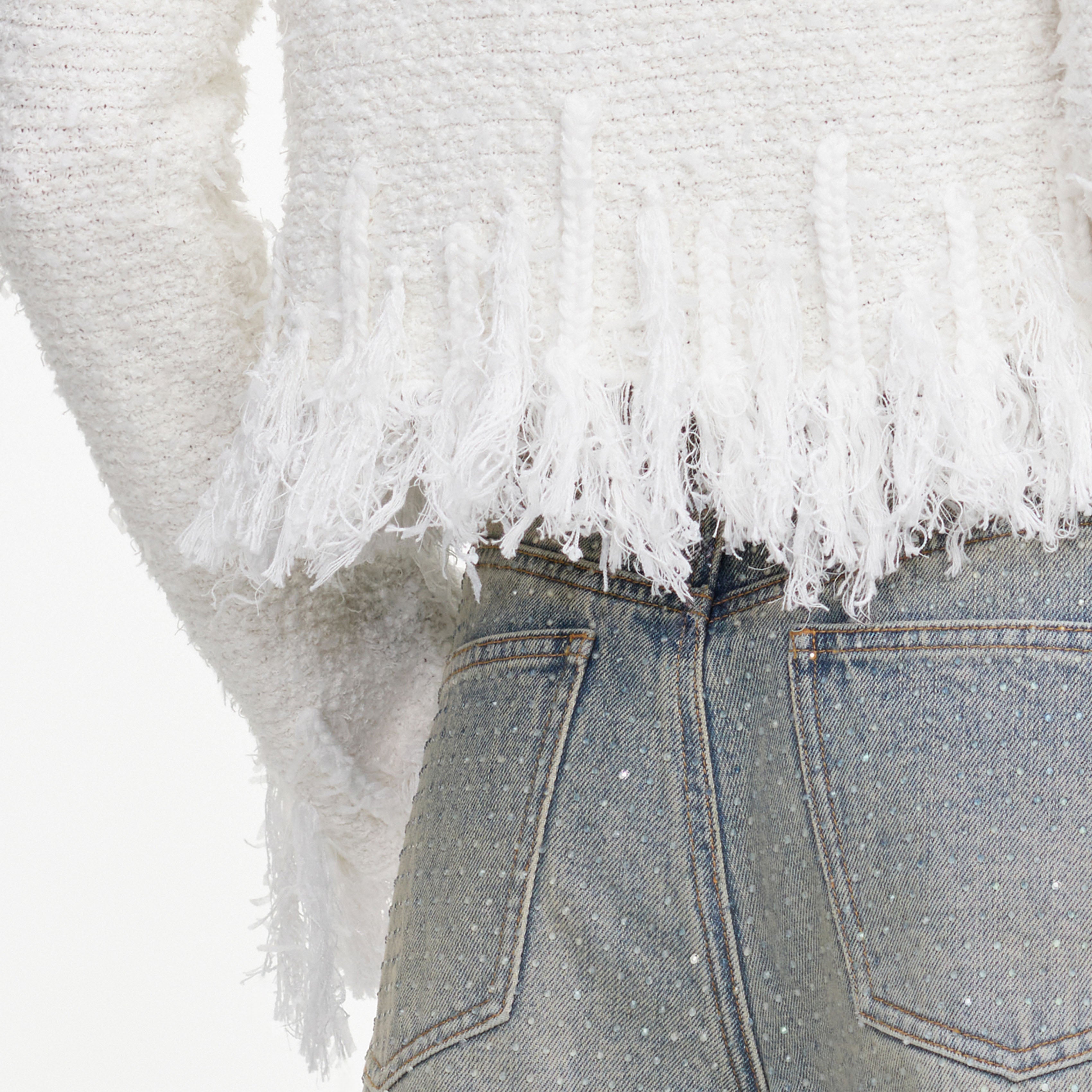 Self Portrait White Fringe Knit Cardigan Wei Boucle