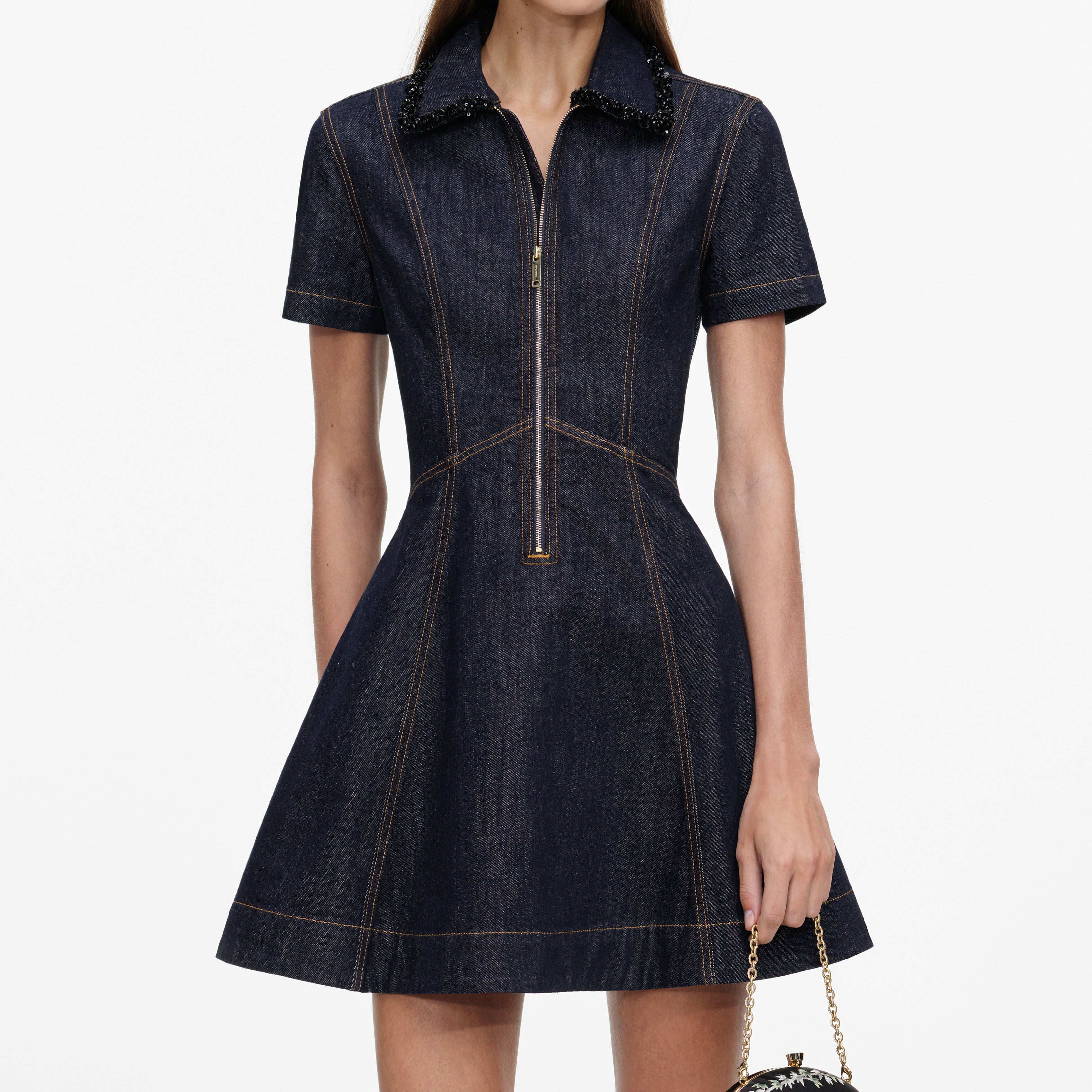 Self Portrait Denim Indigo Denim Collared Mini Kleid Indigo mit Taschen