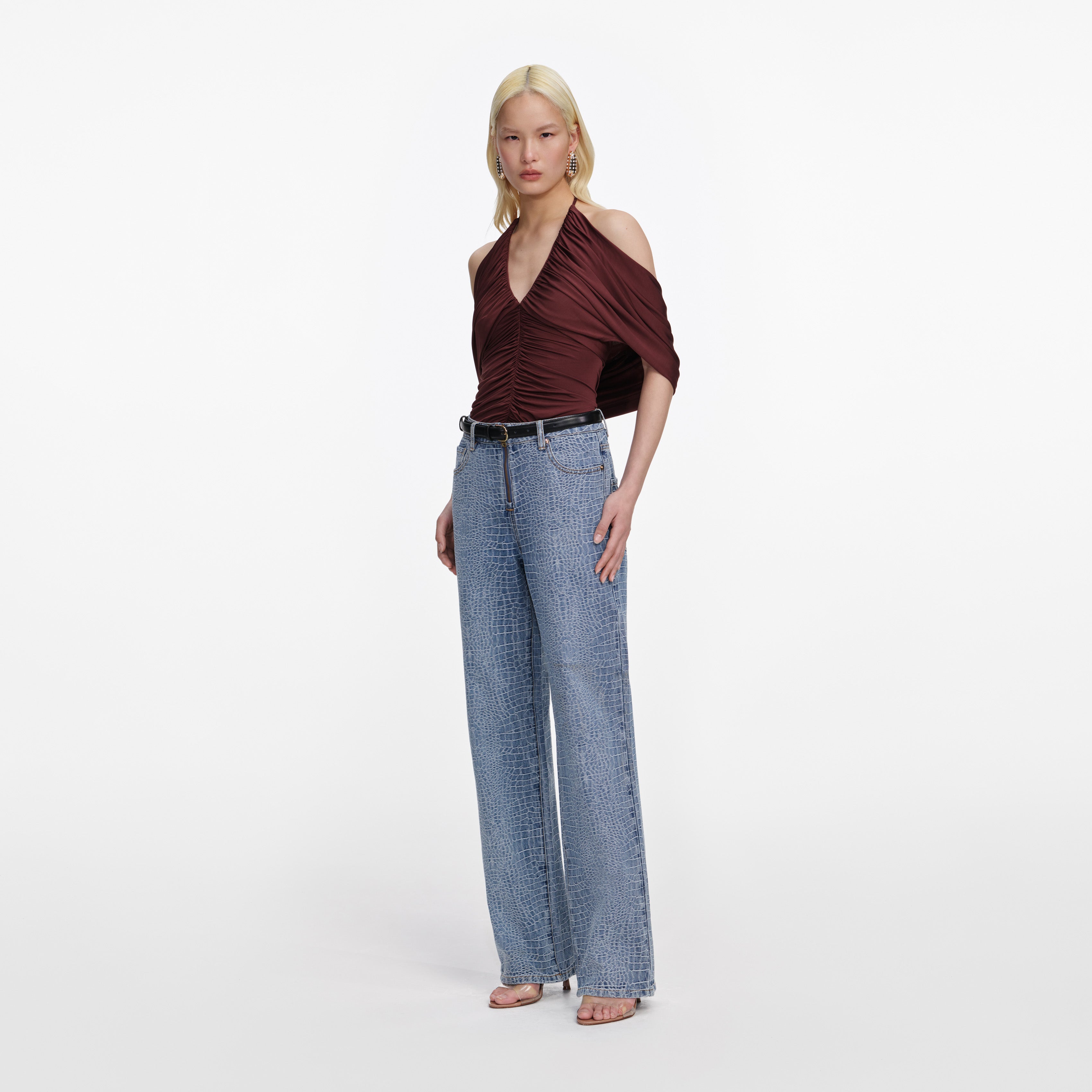 Self Portrait Brown Jersey Drape Top Braun