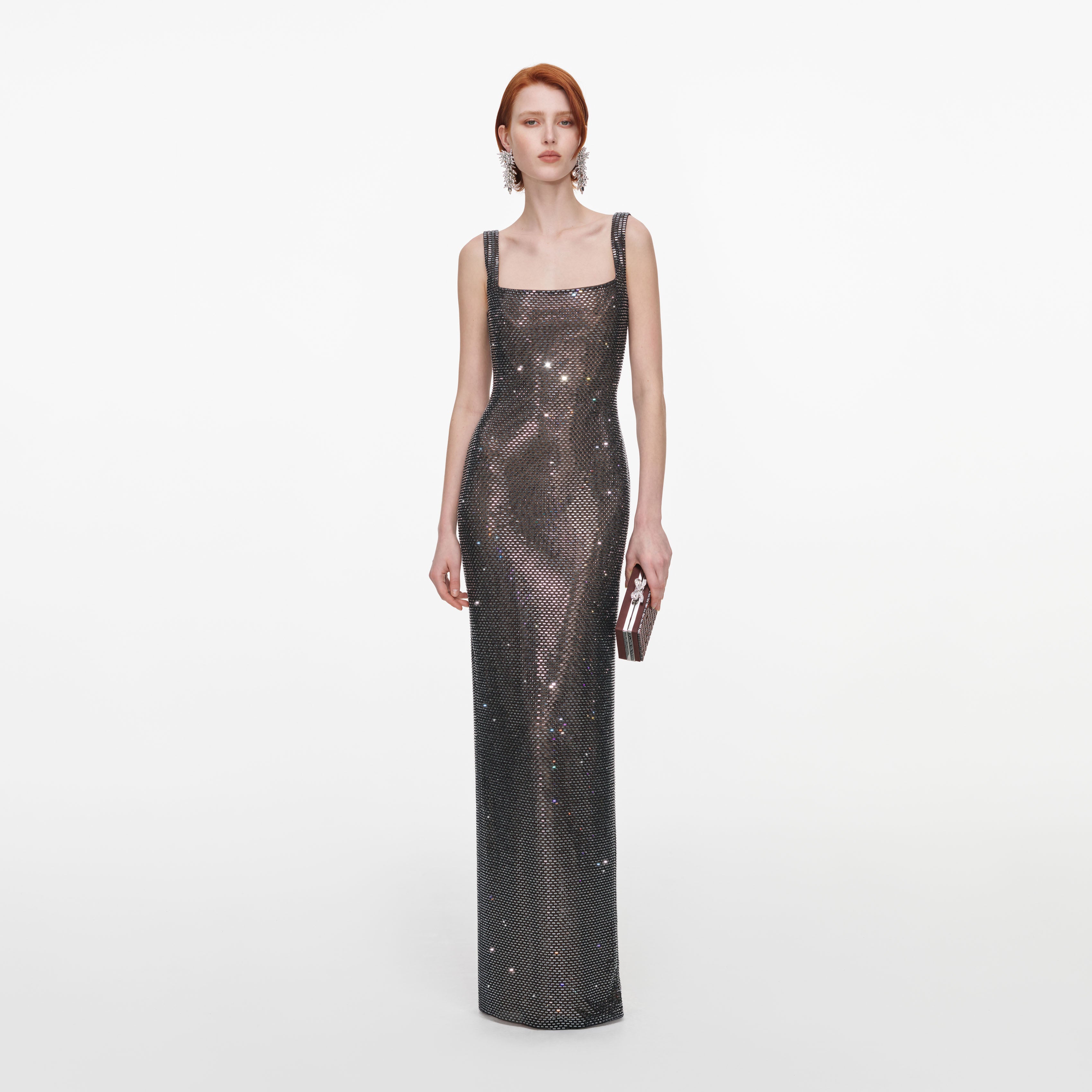 Self Portrait Gunmetal Square Neck Rhinestone Maxi Kleid