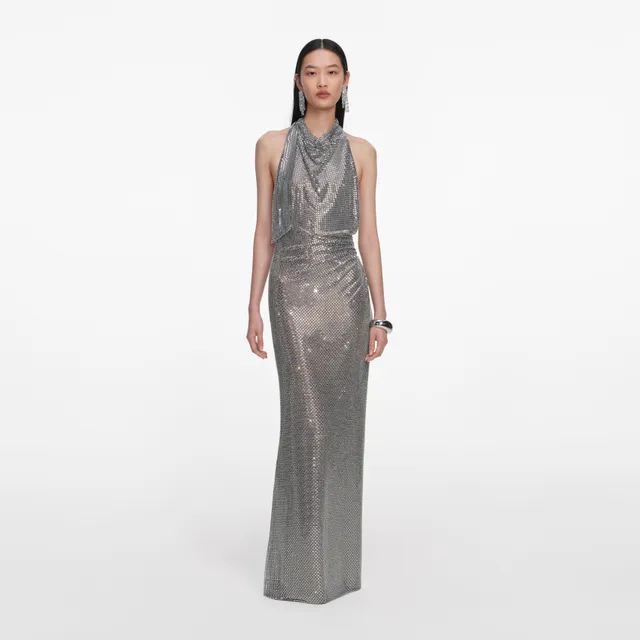 Self Portrait Grey Rhinestone Halter Maxi Kleid Grau Strass