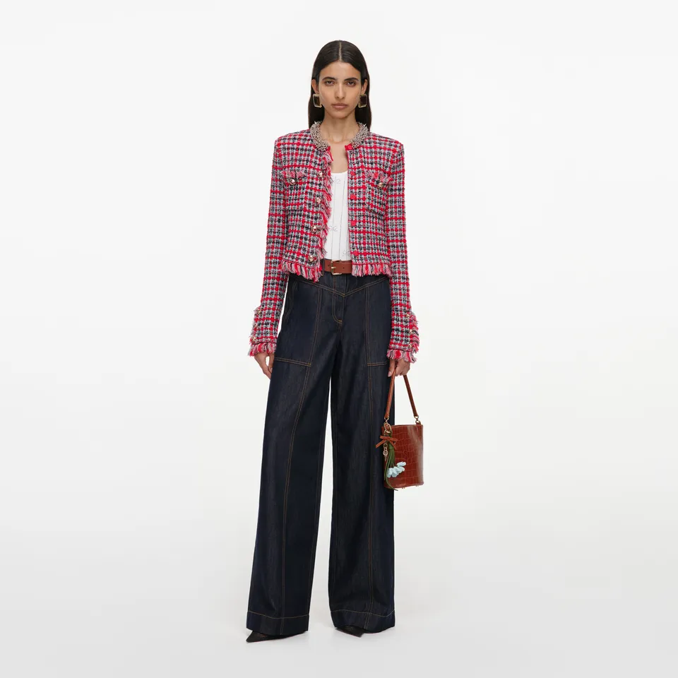 Self Portrait Indigo Denim Straight Leg Jeans Blau