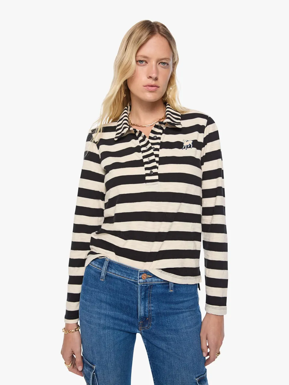 Mother The L/S Close Cut Huddle Shirt Schwarz Creme gestreift