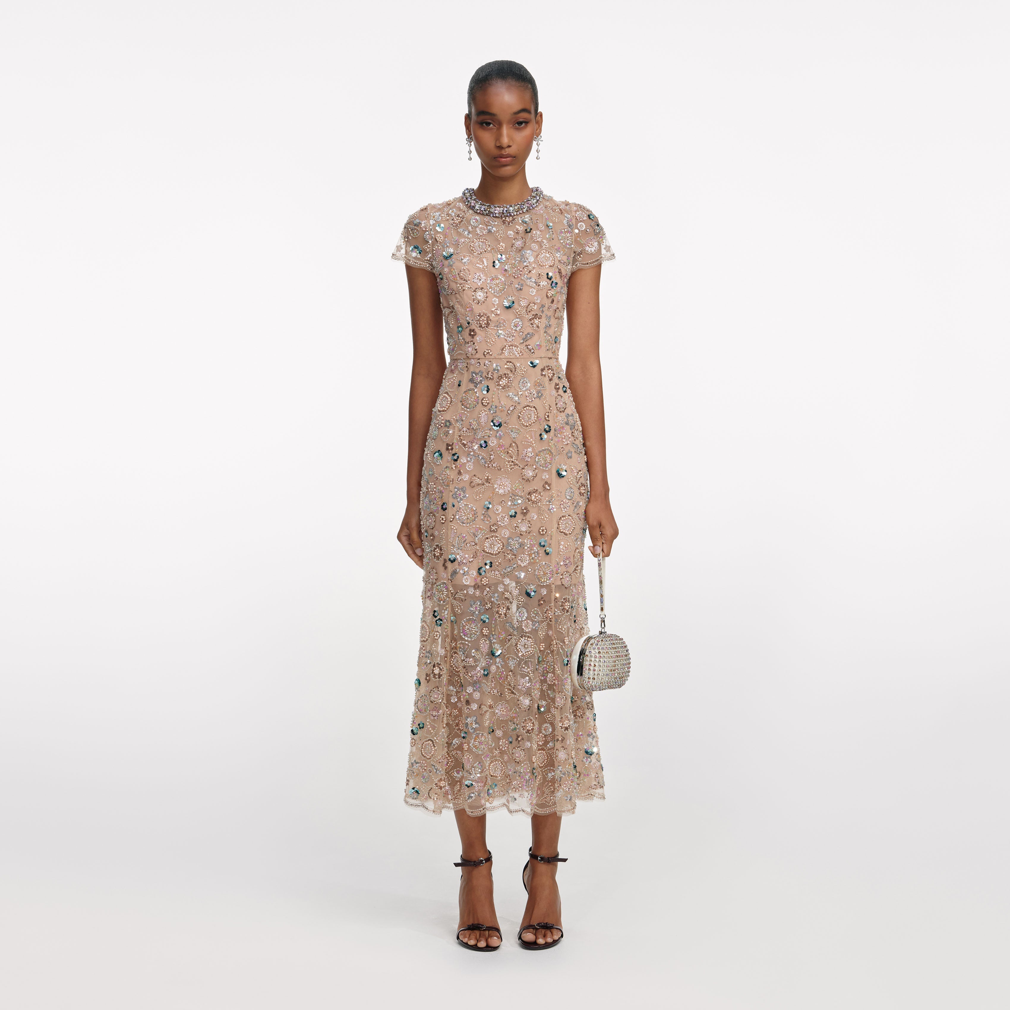 Self Portrait Champagne Sequin Midi Kleid Champagner Pailletten