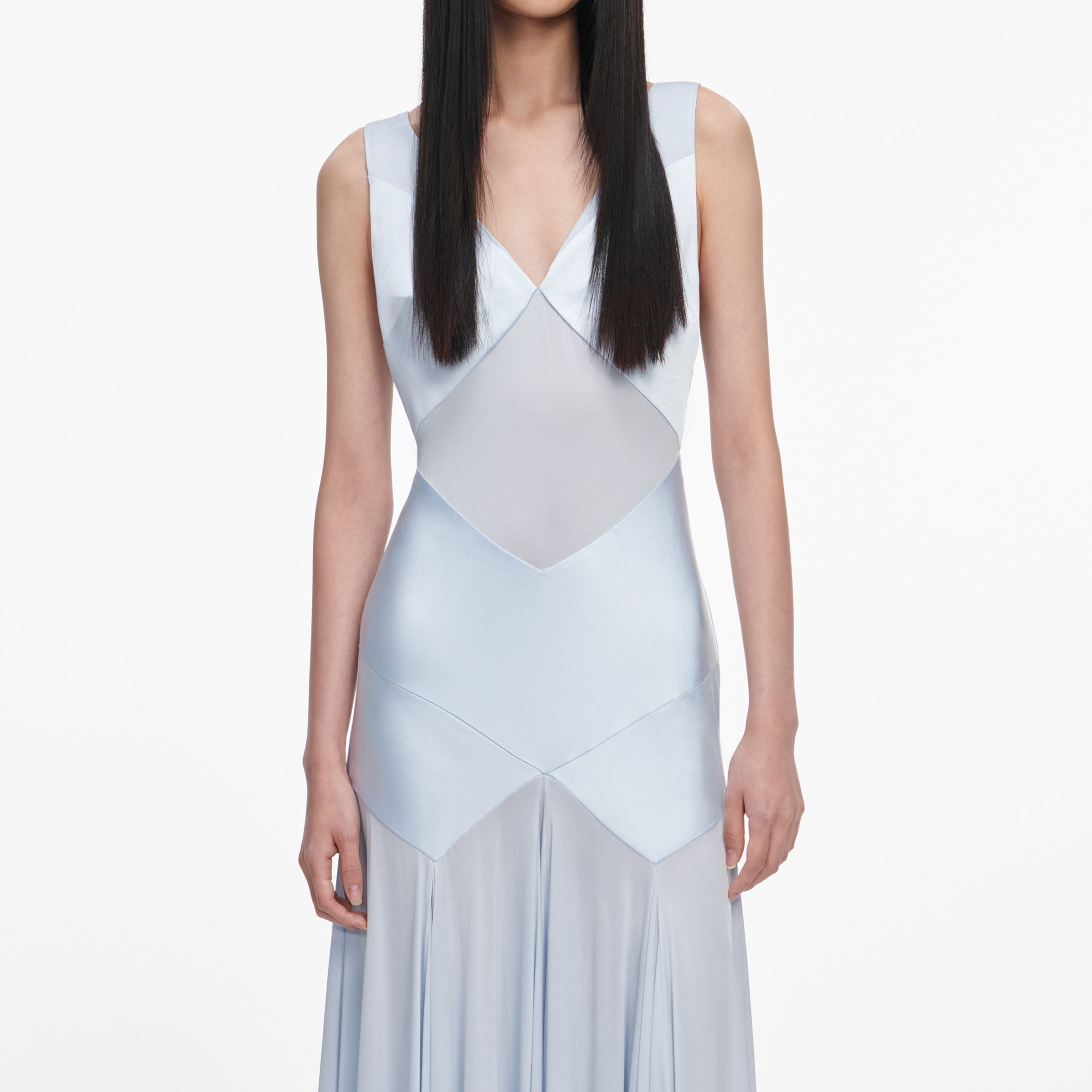 Self Portrait Satin Jersey Maxikleid blau UK 8 Raffung