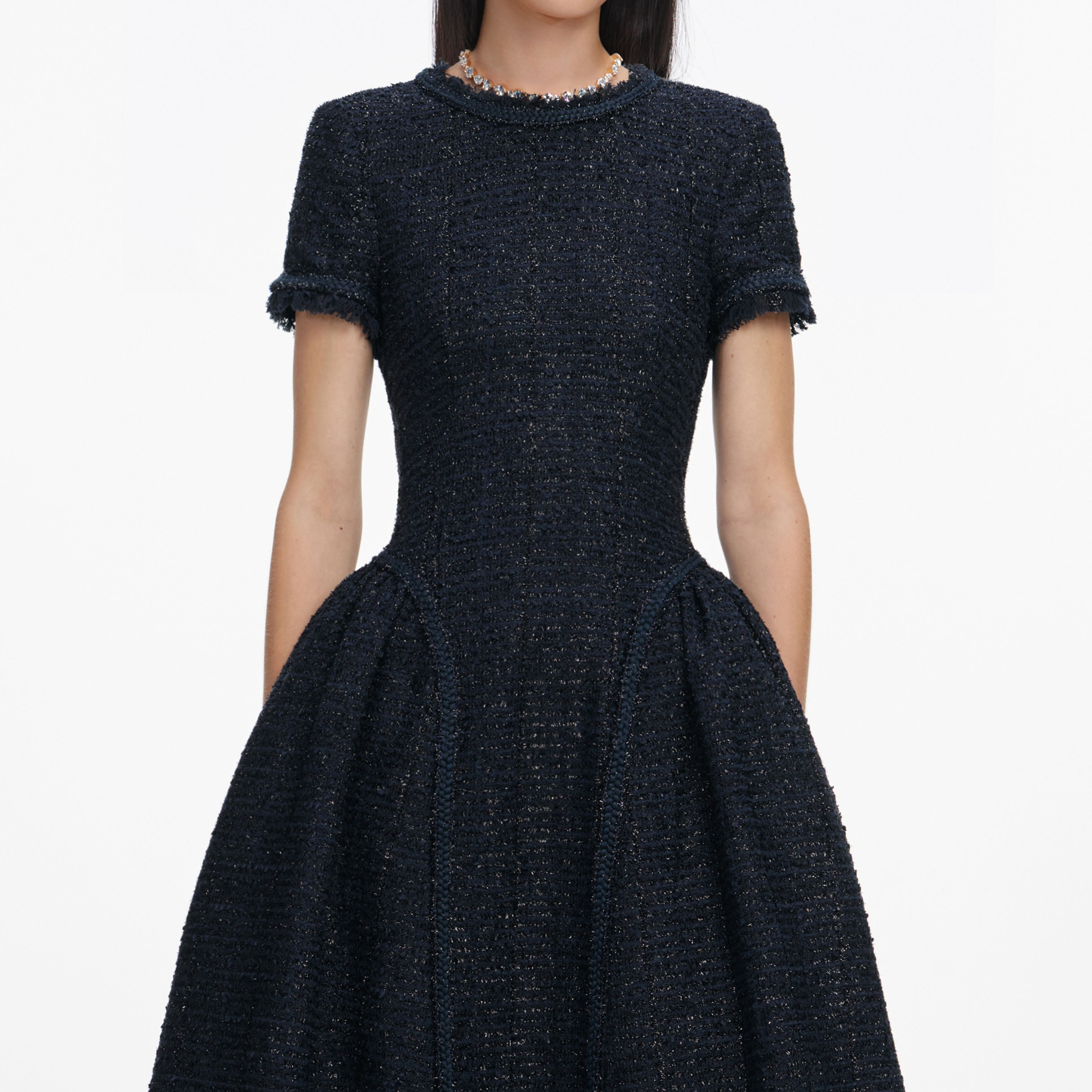 Self Portrait Navy Metallic Boucle Midi Kleid UK 8