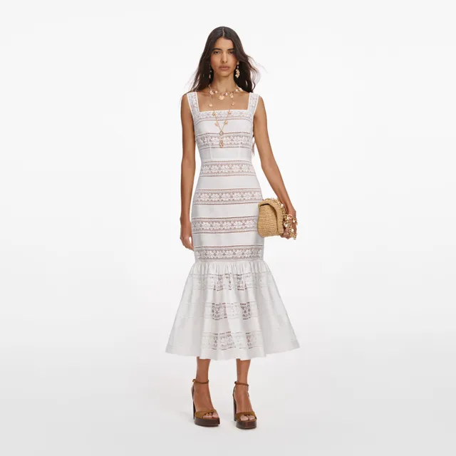 Self Portrait White Cotton Embroidered Midi Dress UK 6