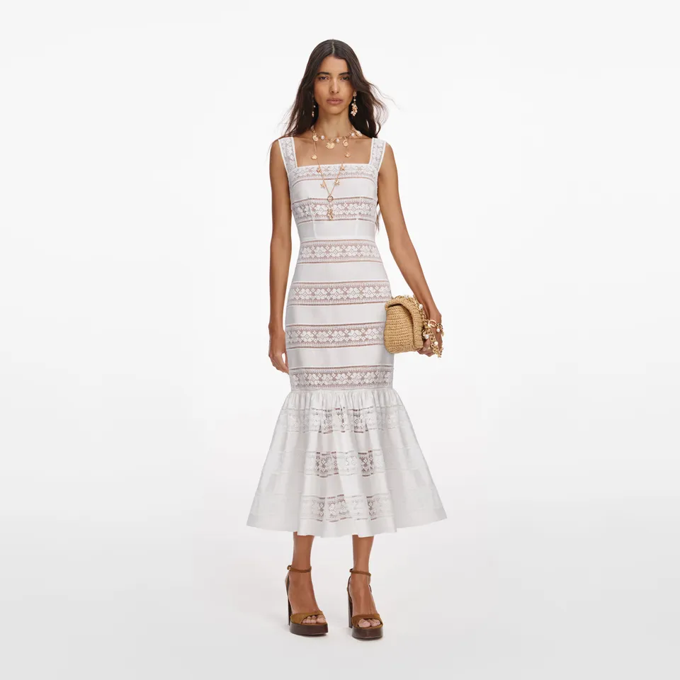 Self Portrait White Cotton Embroidered Midi Dress UK 6