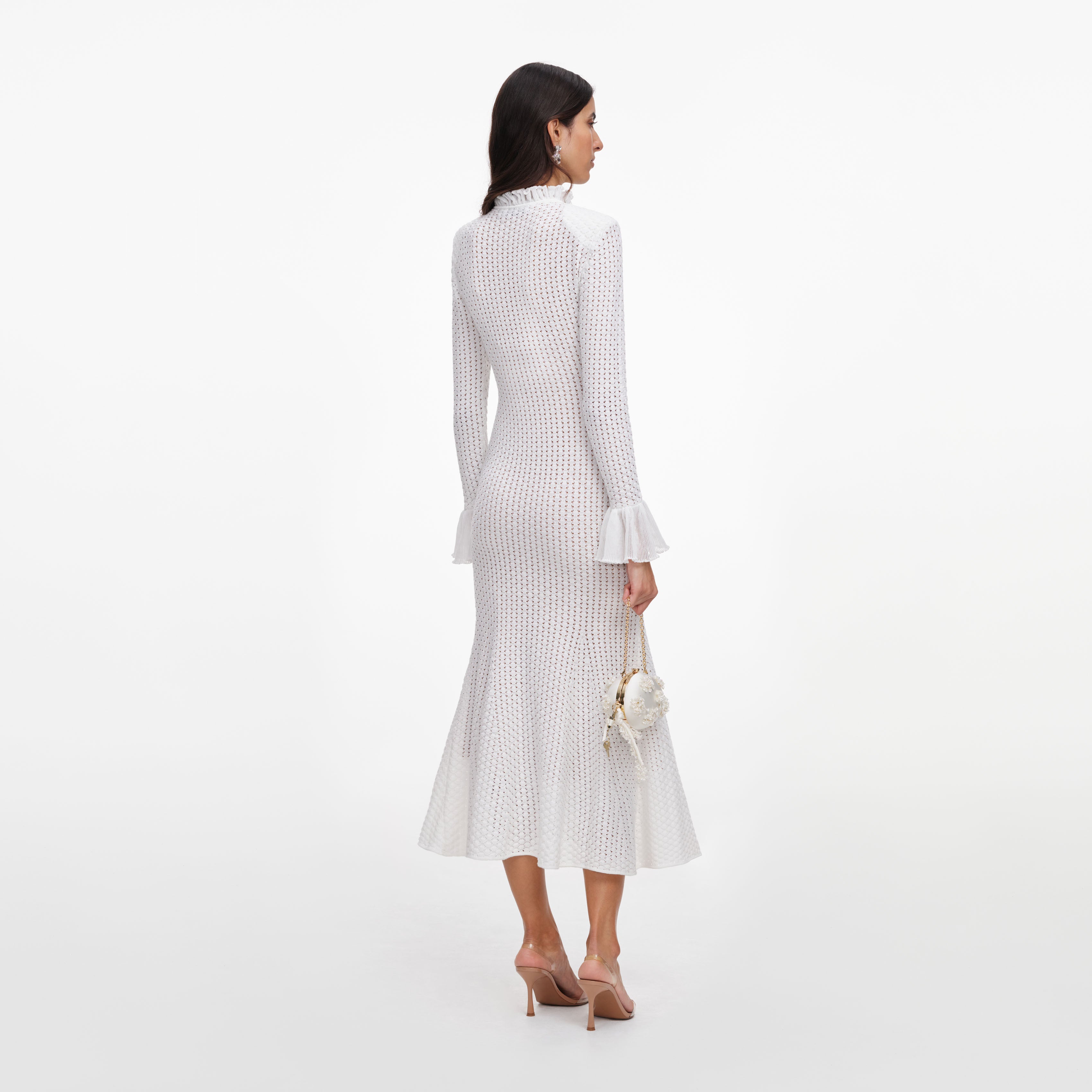 Self Portrait White Pointelle Knit Flare Midi Kleid Weiß S Stretch
