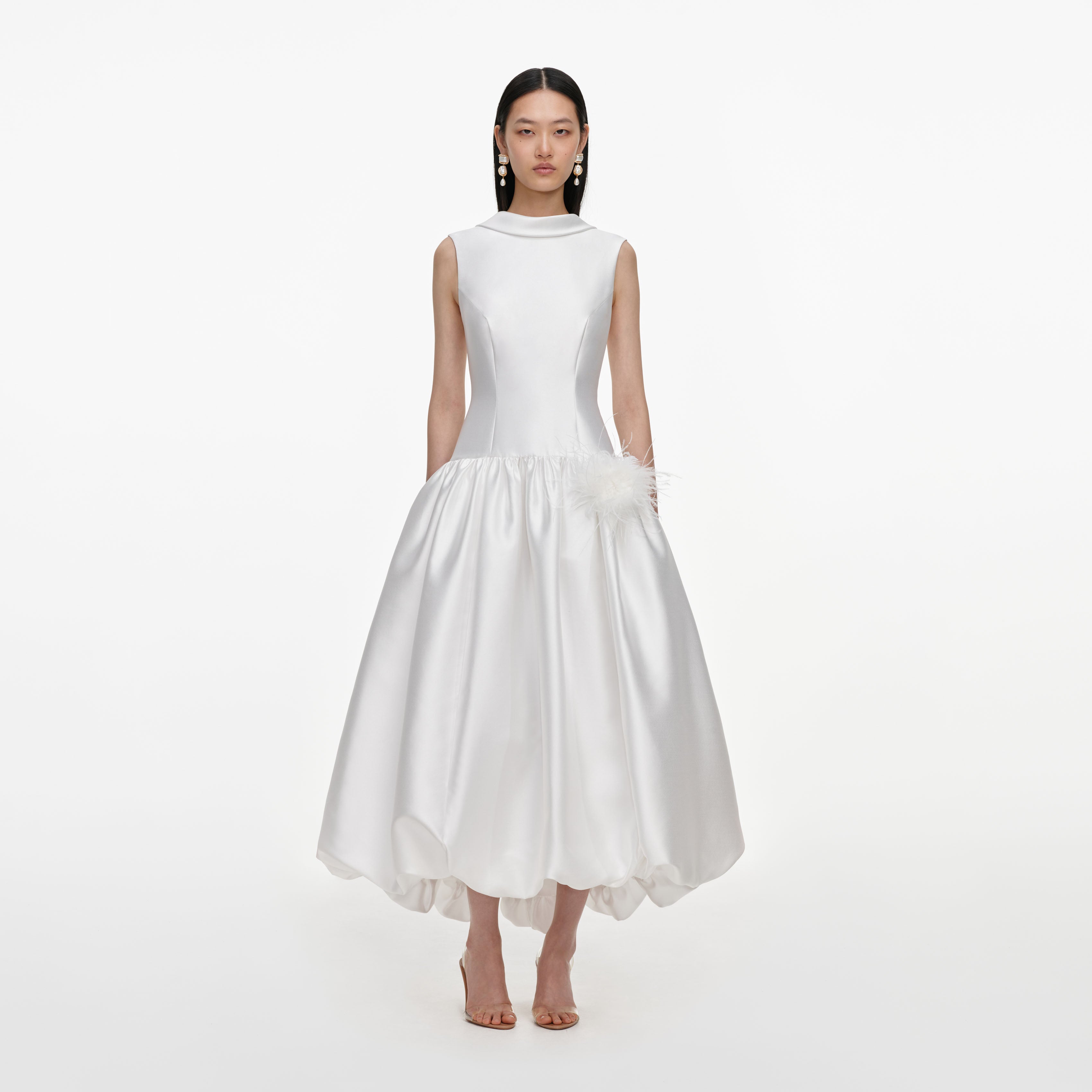 Self Portrait White Taffeta Bubble Hem Midi Kleid Weiß
