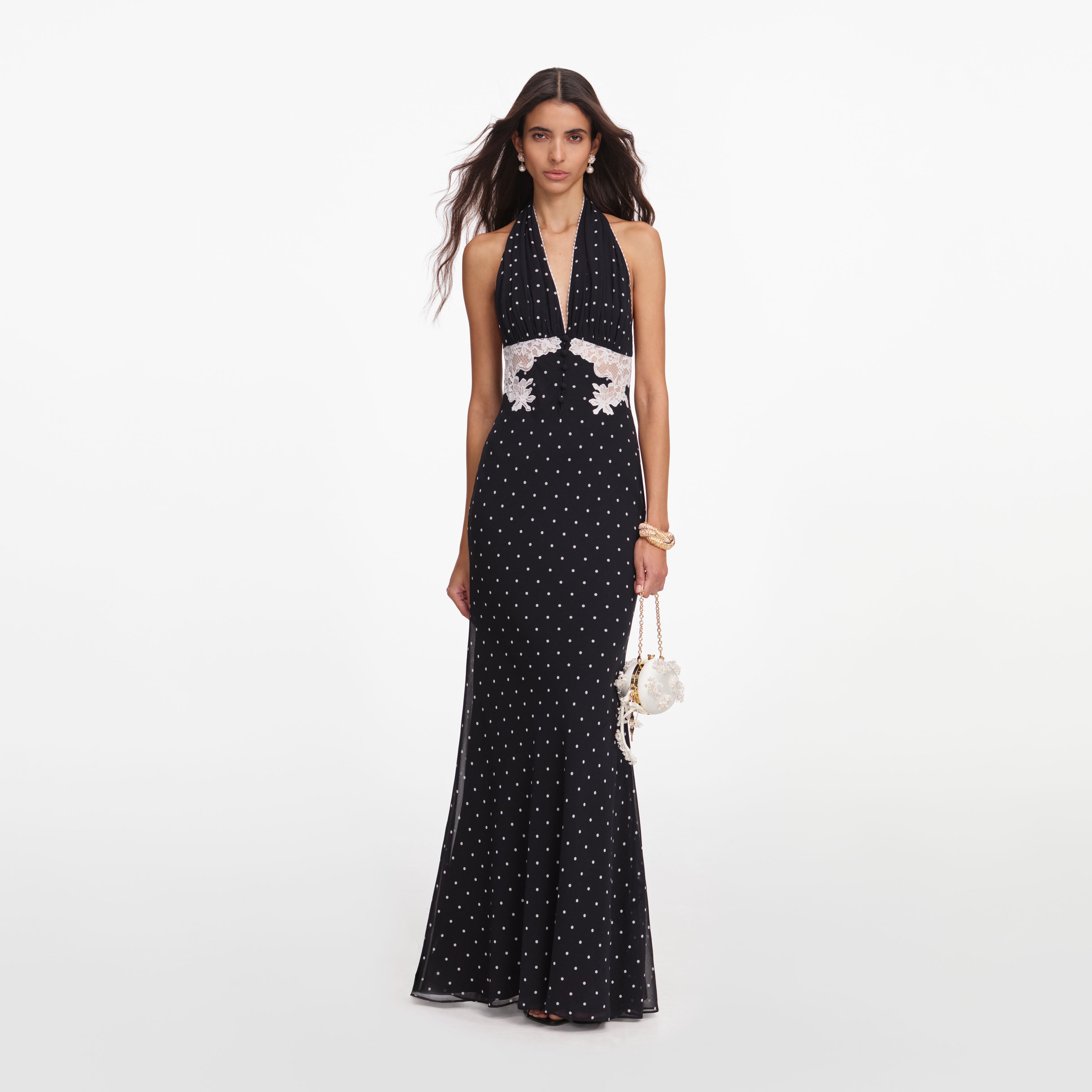 Self Portrait Polka Dot Halter Maxi Kleid schwarz rückenfrei