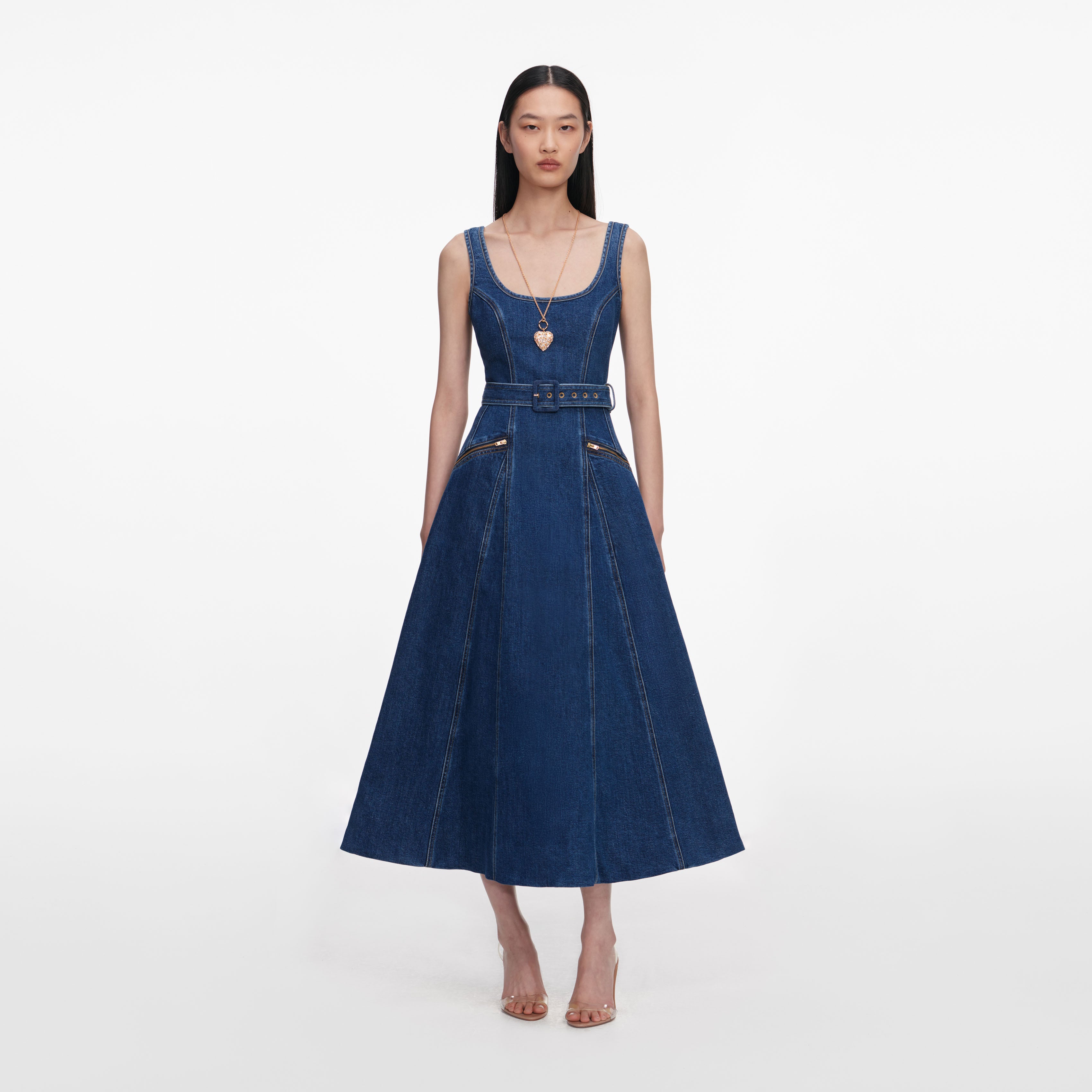 Self Portrait Denim Flared Belted Midi Jeanskleid Blau UK 12