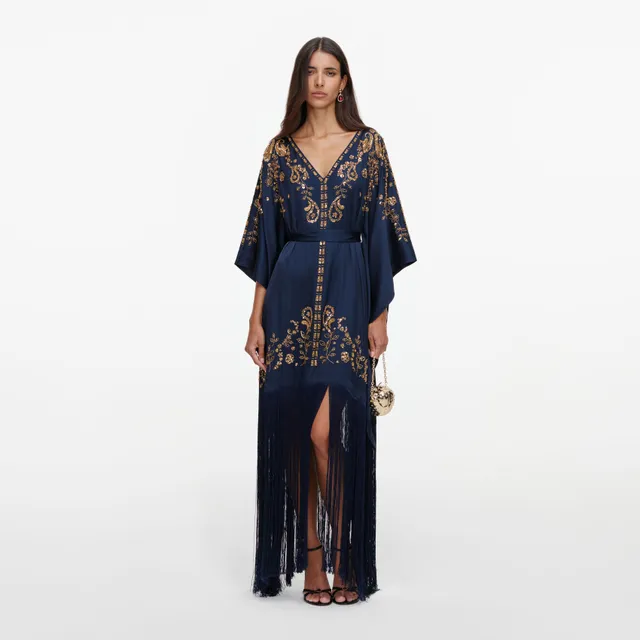 Self Portrait Navy Sequin Kaftan Kleid Blau Gr. S-L