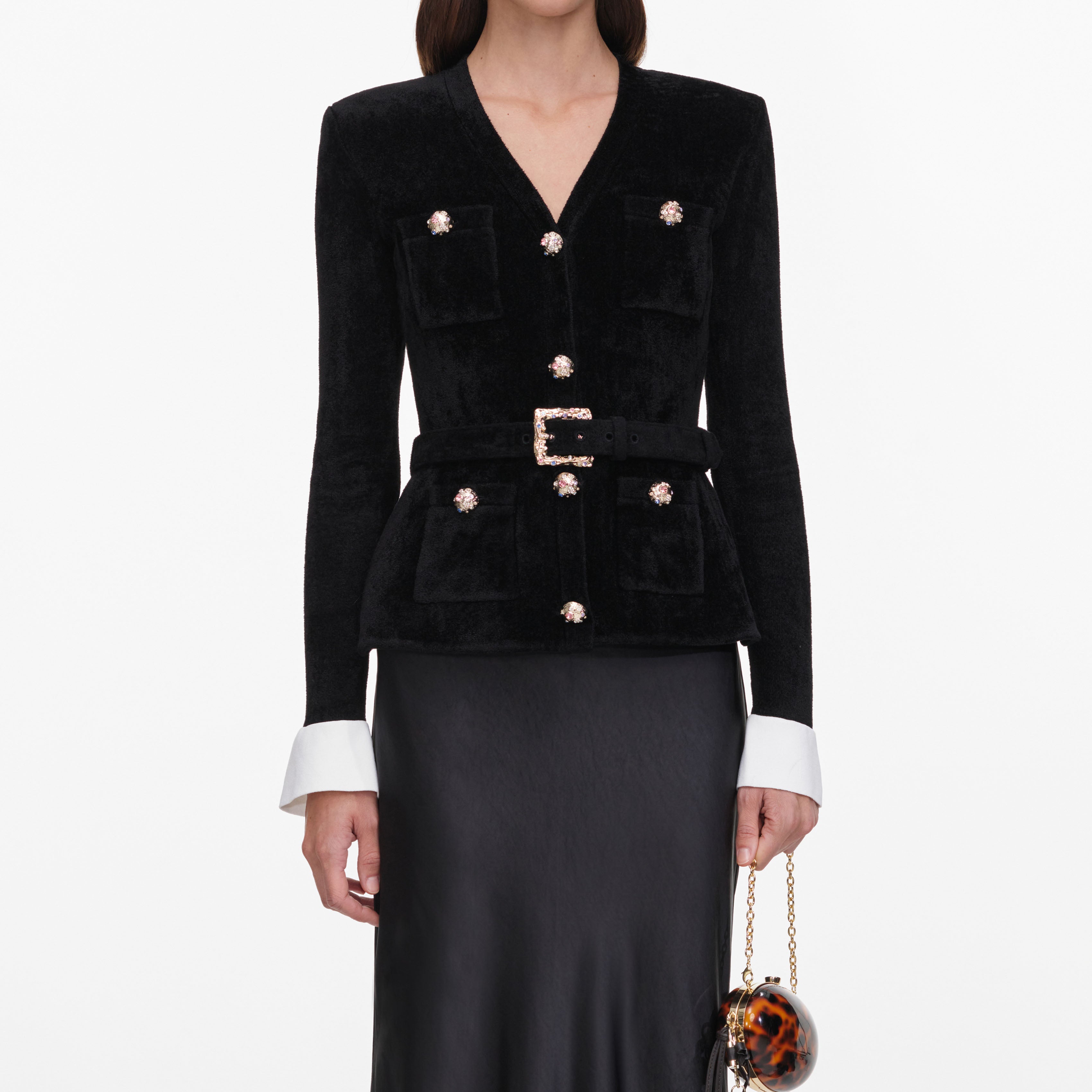 Self Portrait Black Chenille Maxikleid Schwarz Satin