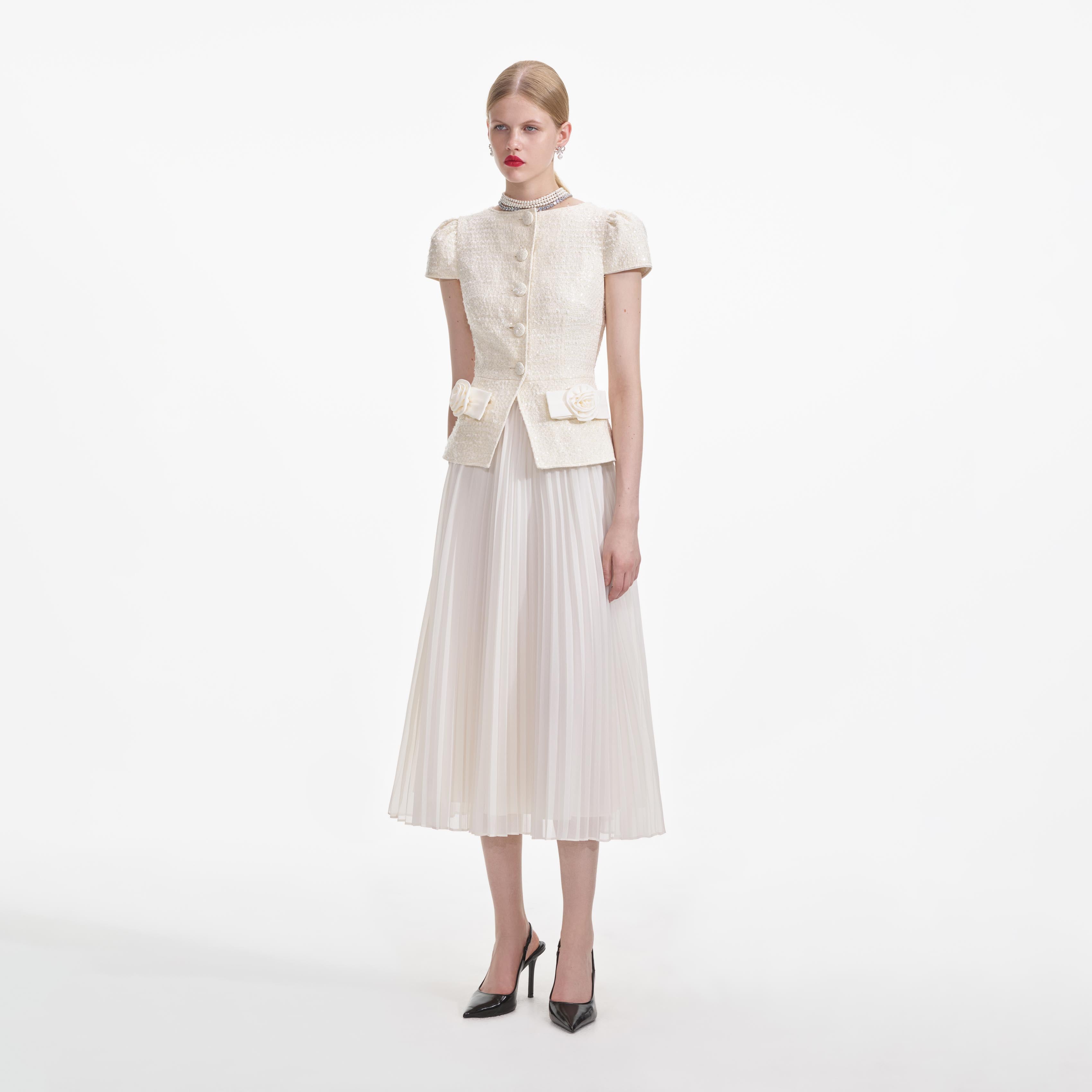 Self Portrait Boucle Midikleid Creme Schleife plissiert