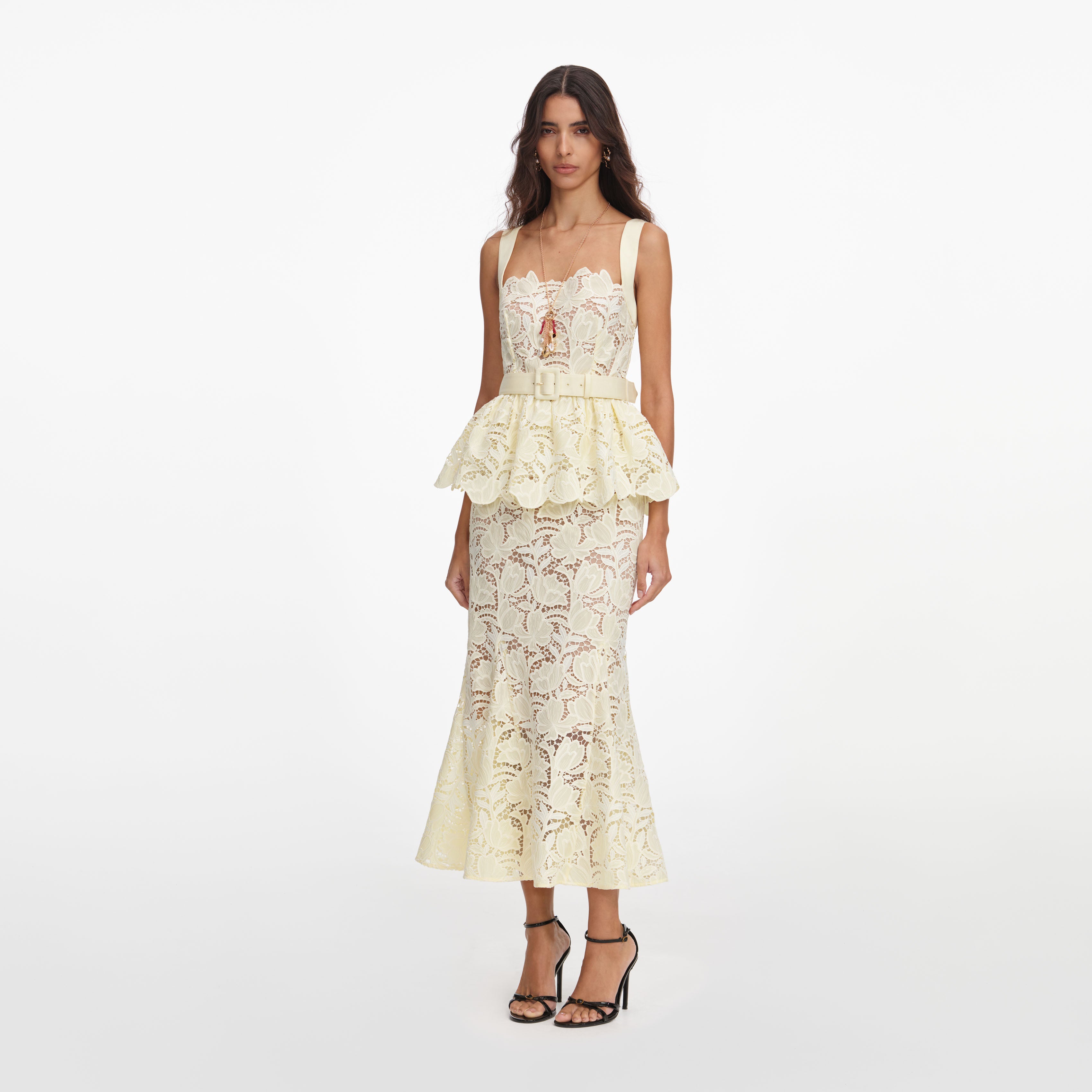Self Portrait Yellow Lace Peplum Midikleid Gelb UK 8 Spitze