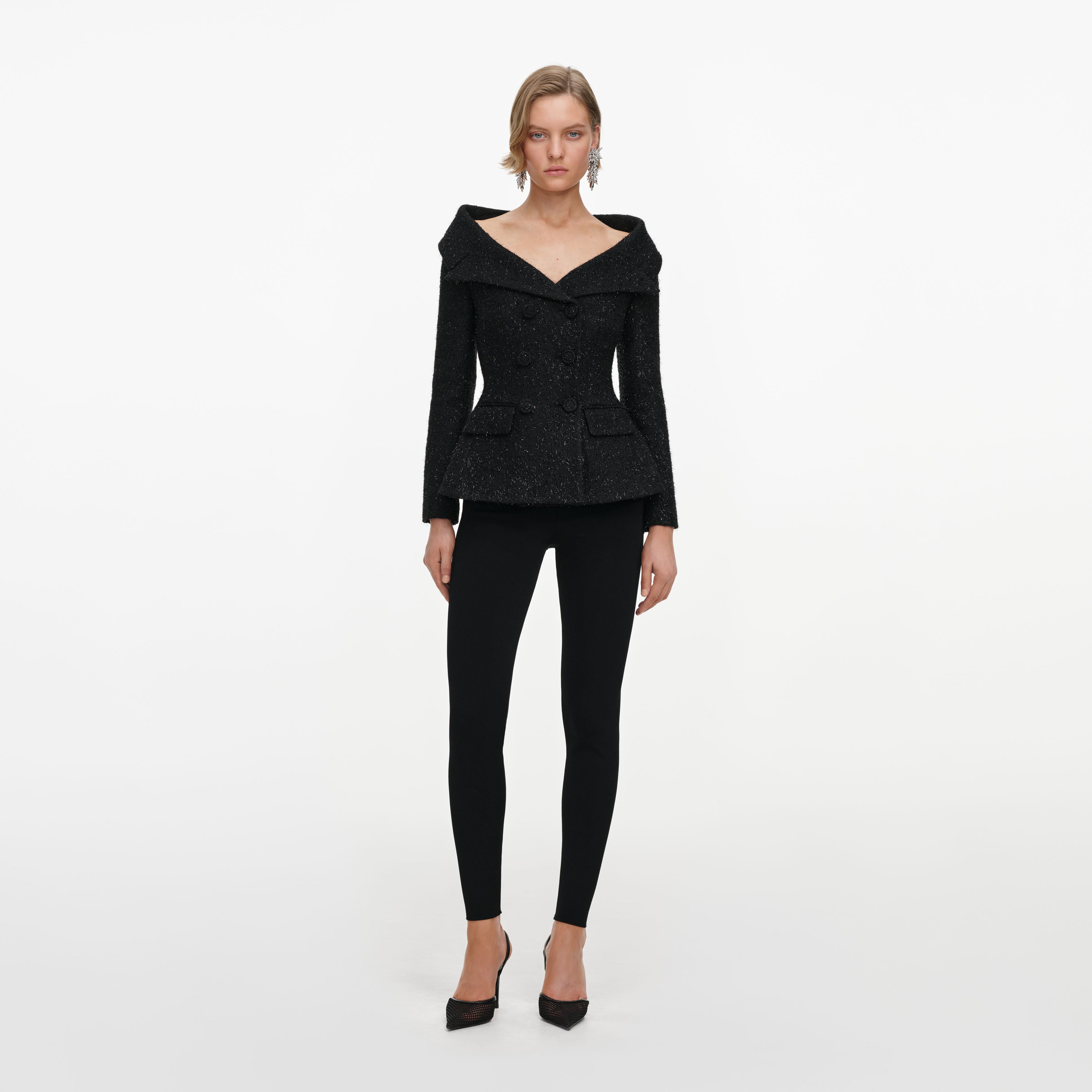 Self Portrait Black Metallic Boucle Jacke Schwarz