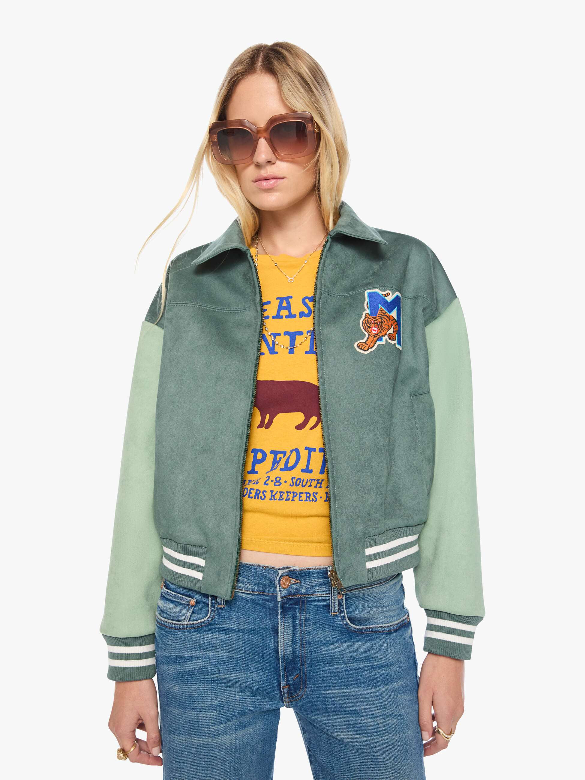 Mother The Oversized Letterman Jacke Grün Faux-Suede