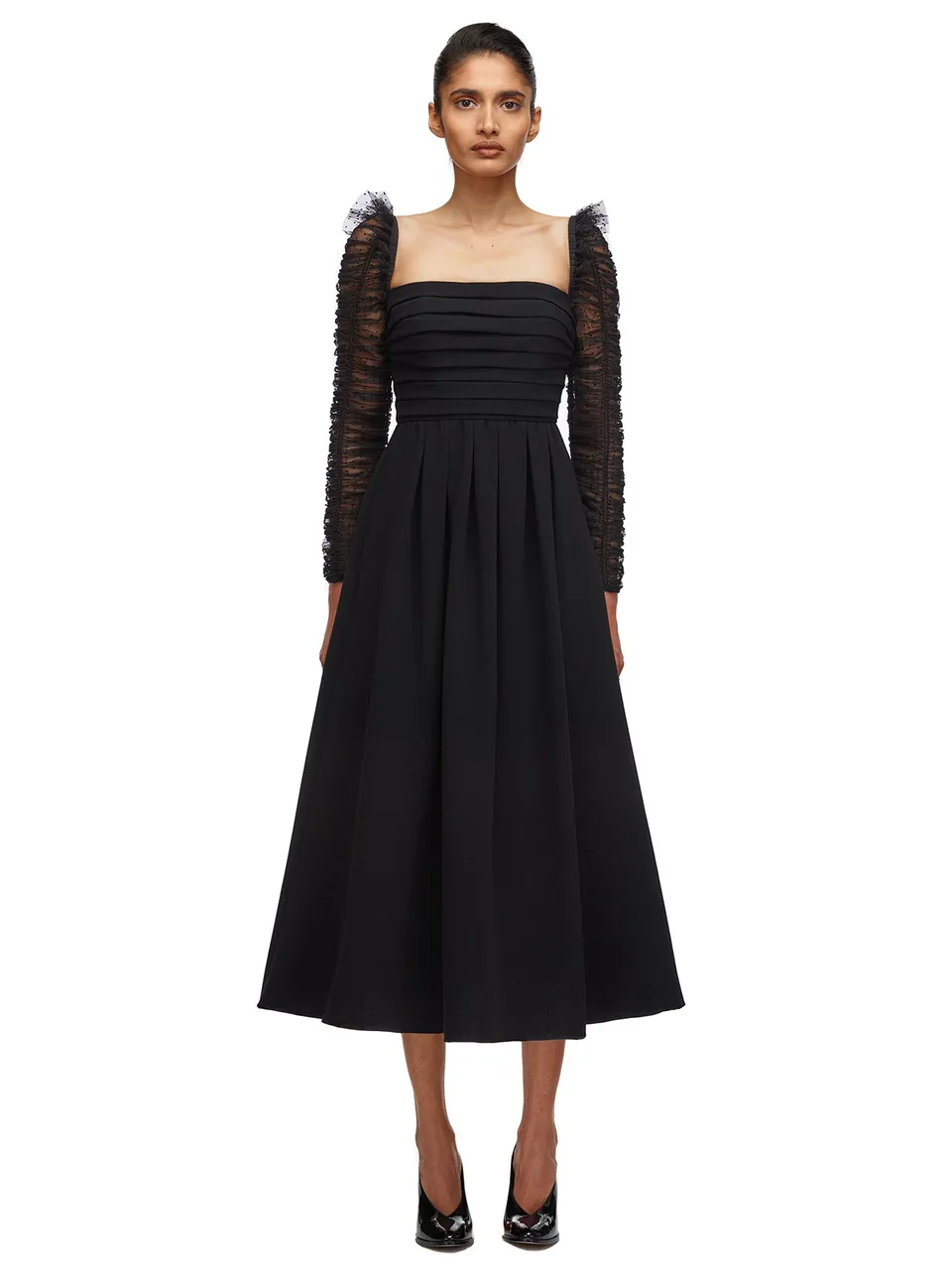 Self Portrait Crepe Dot Mesh Midi-Kleid Langarm