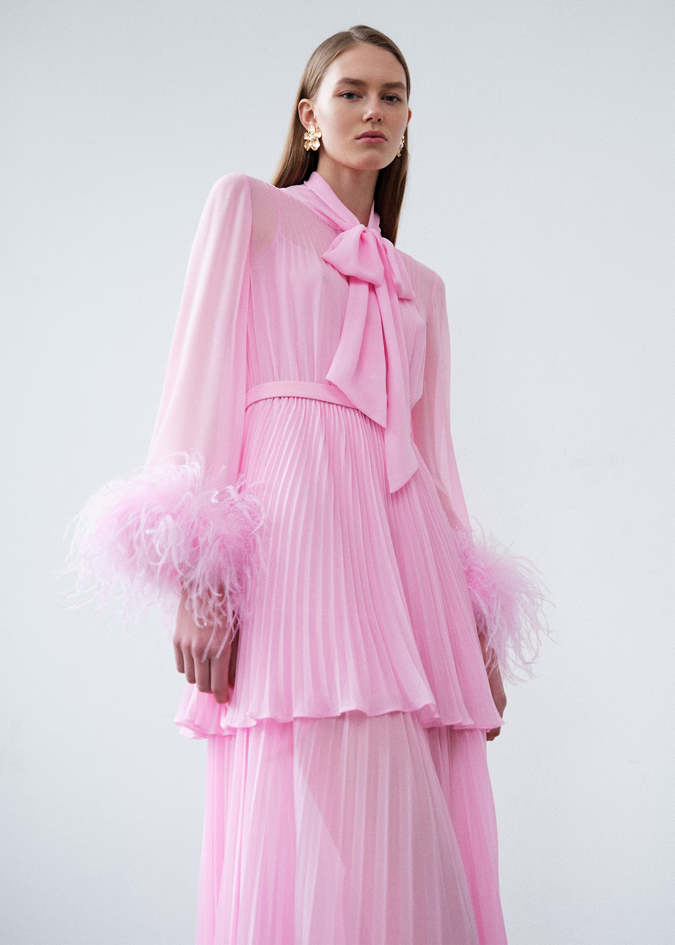 Self Portrait Pink Georgette Feather Maxikleid Pink Feder