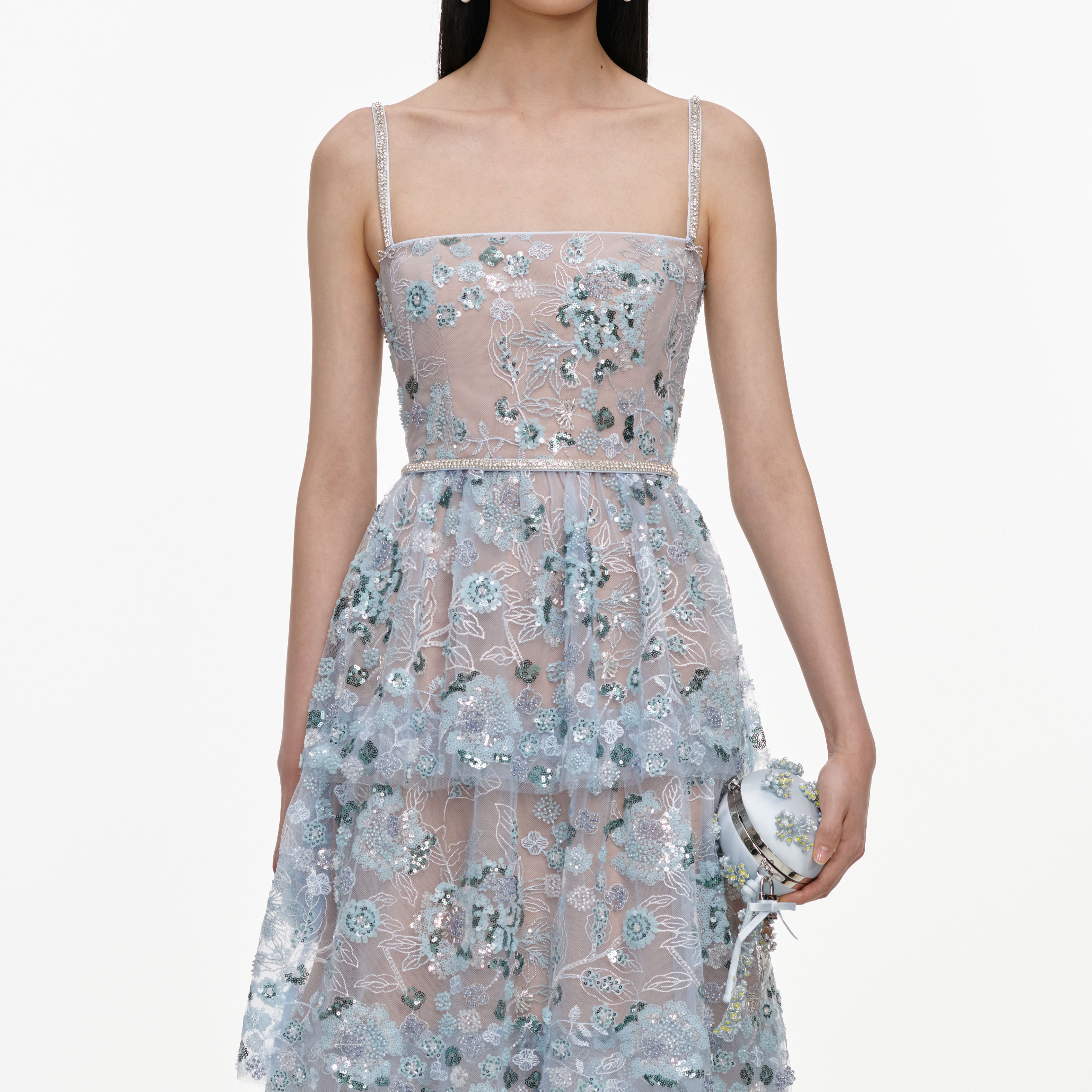 Self Portrait Dresses Blue Sequin Tiered Midi Kleid Blau UK 10