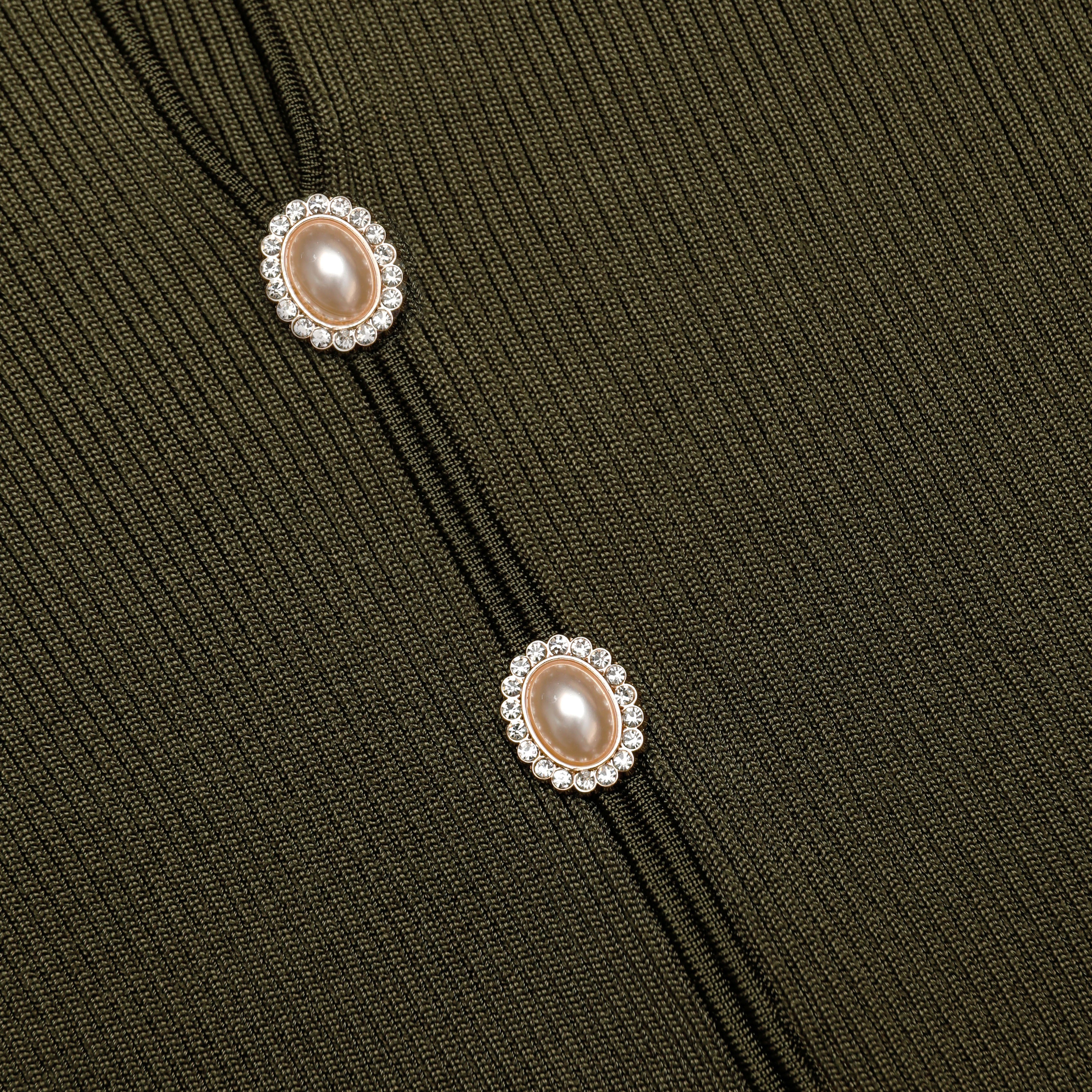 Self Portrait Pointelle Strick Midikleid Khaki Goldknöpfe