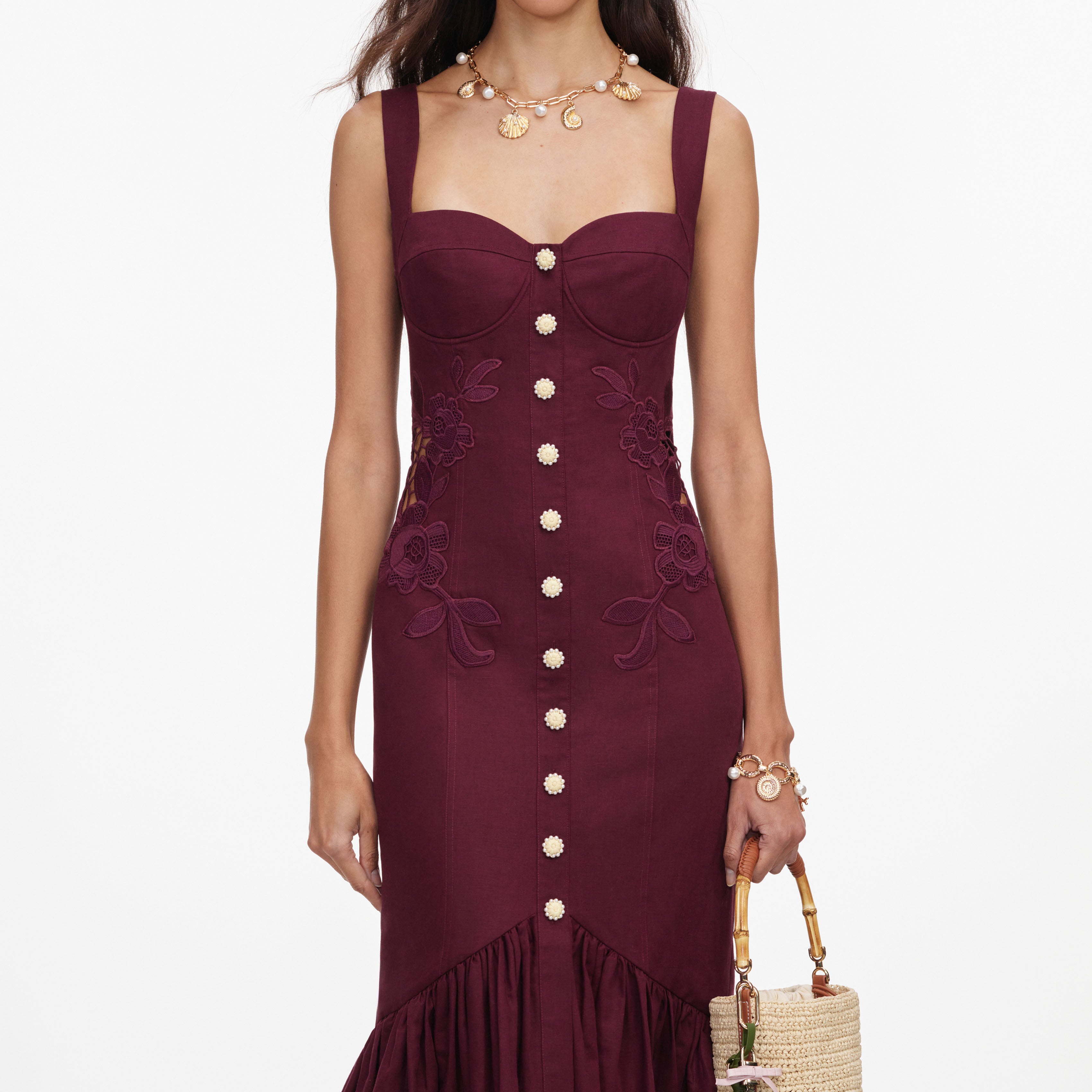 Self Portrait Plum Linen Blend Lace Insert Midi Kleid UK 6