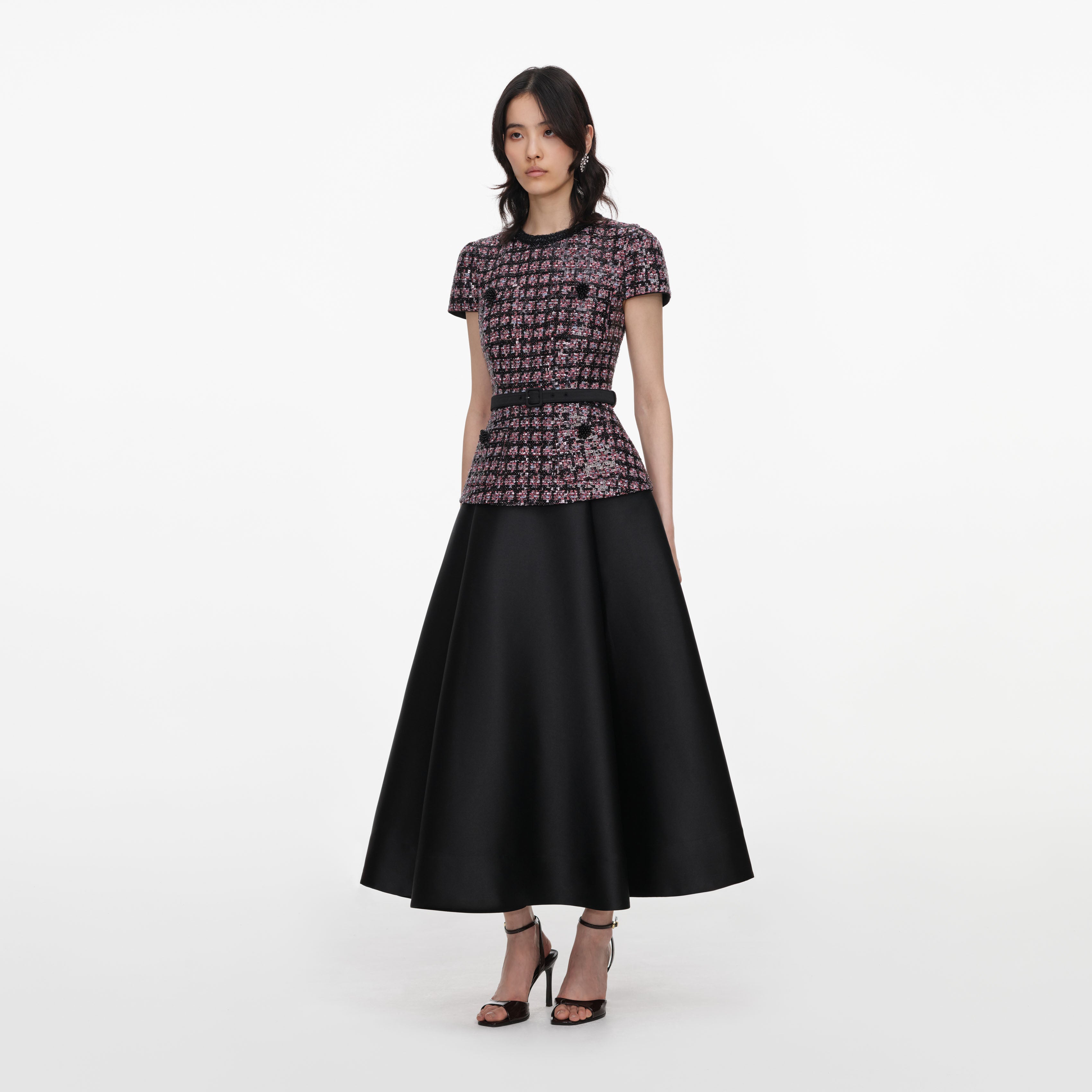 Self Portrait Pink Black Sequin Boucle Midi Dress Paillettenkleid