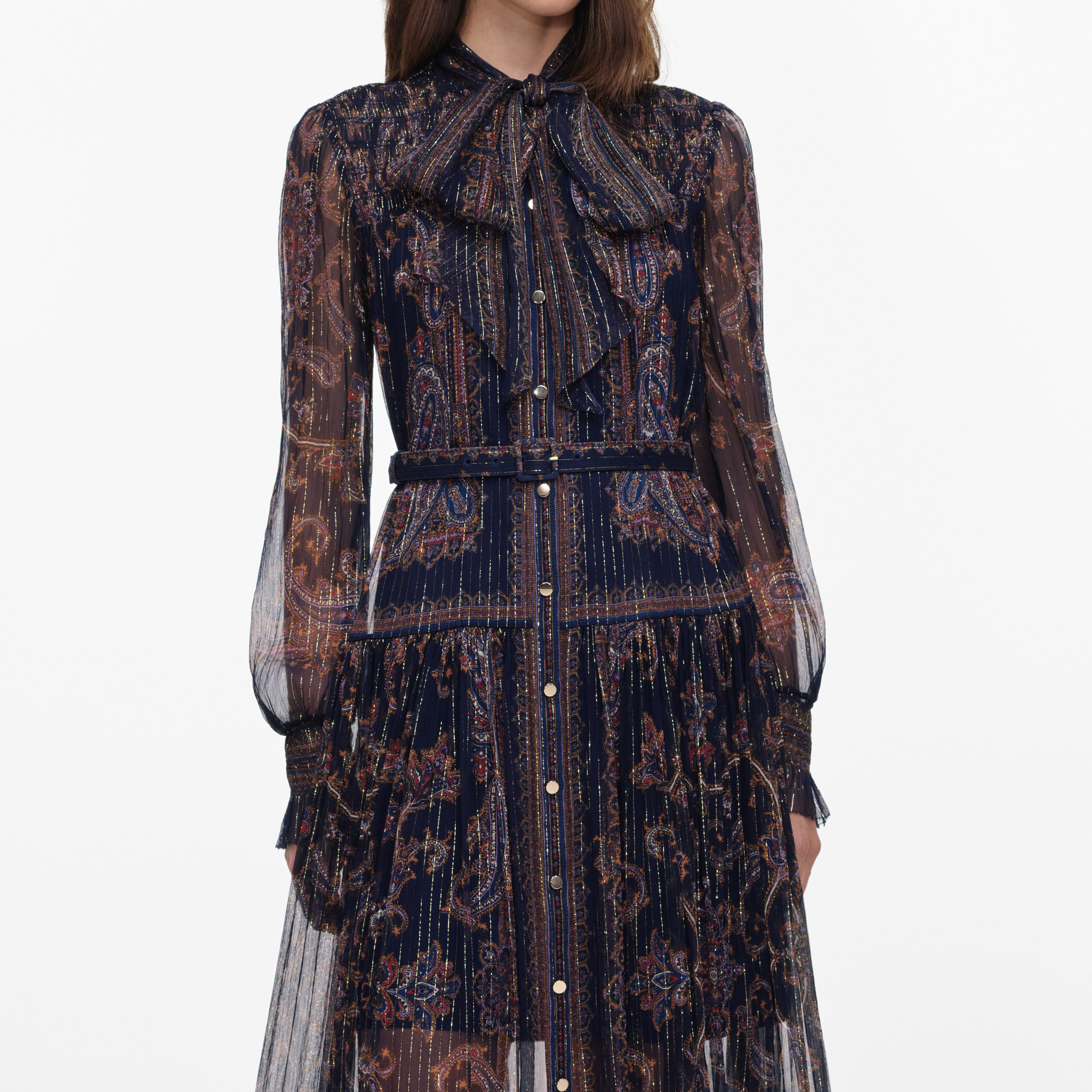Self Portrait Navy Printed Georgette Midi Kleid UK 8 Blau