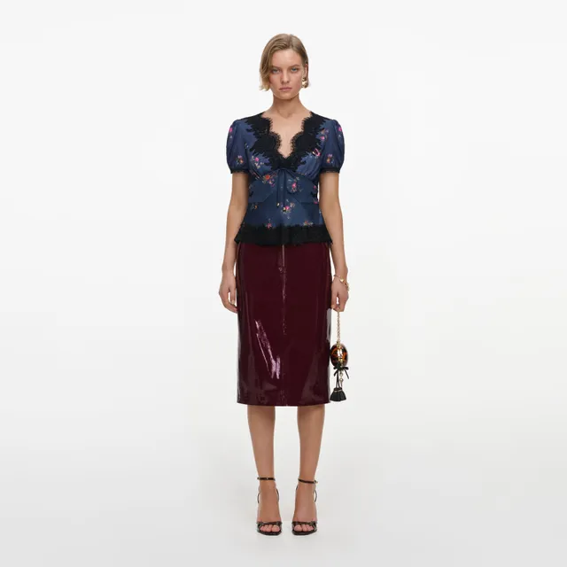 Self Portrait Tops Satin Top Navy Floral Spitze