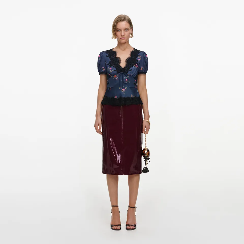 Self Portrait Tops Satin Top Navy Floral Spitze