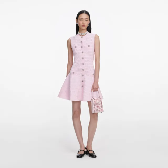Self Portrait Pink Pointelle Diamante Knit Mini Kleid Rosa